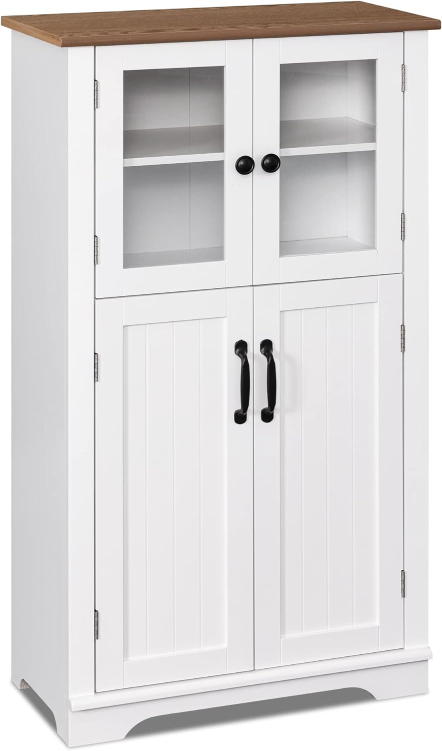 WAMPAT Bathroom Storage Cabinet with Glass Doors, Farmhouse Wooden Free Standing Cupboard with Adjustable Shelves, Tall White 42.7 Height Cabinets for Living Room, Kitchen, Study, Home