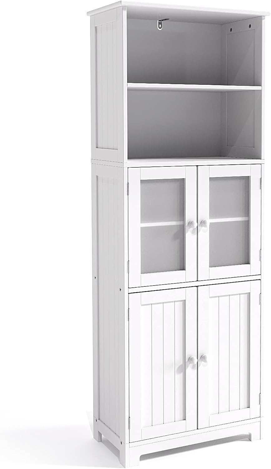 VINGLI 64 Tall Storage Cabinet Bathroom Linen Closet Storage Tower White Organizer Home Decor with 2 Open Shelves 2 Cabinets Glass Doors for Kitchen Living Room Bedroom Laundry Room Entryway Office