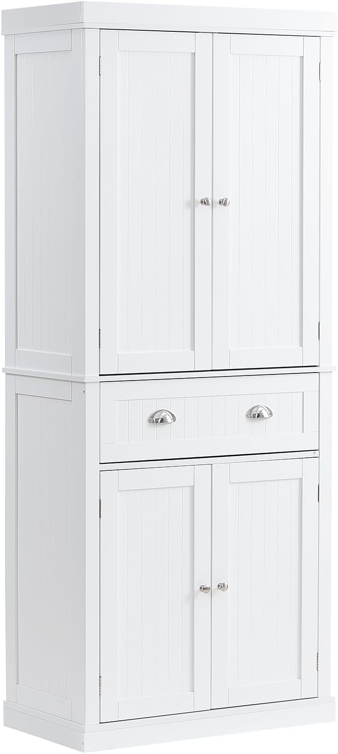 72 Storage Freestanding Utility Cabinets with Doors, Drawer and 3 Adjustable Shelves, Tall Food Buffet Pantries for Kitchen, Living, Dinning Room, Laundry, Pearl White