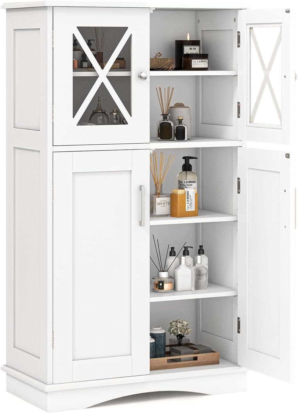 Tangkula Bathroom Storage Cabinet, Freestanding Floor Cabinet w/2 Glass Doors, 3-Level Adjustable Shelves, Anti-toppling, Kitchen Pantry Cupboard for Bathroom Living Room (Cabinet, White)