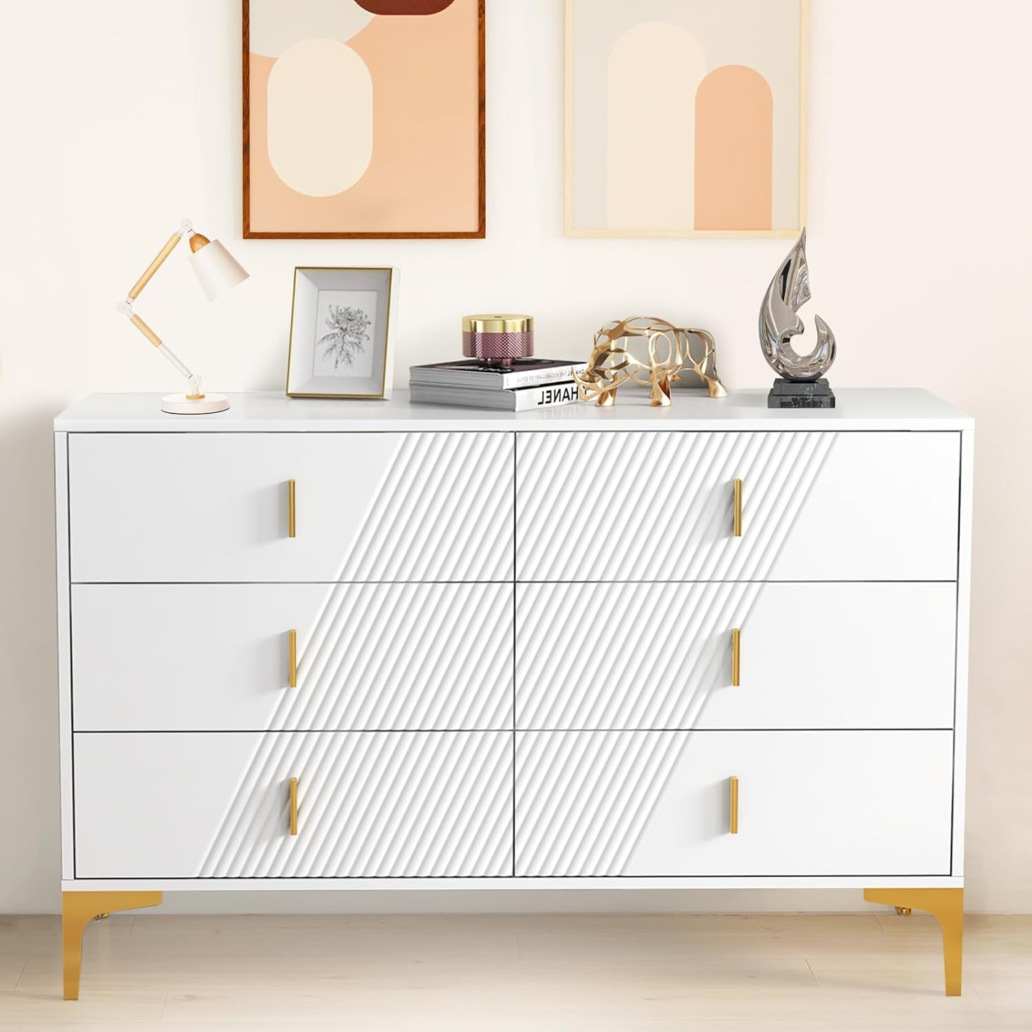 White 6 Drawer Dresser, White Dressers & Chests of Drawers with Gold Handles and Legs, Modern Dresser for Bedroom, Hallway (47.2''W x 15.6''D x 30.7''H)