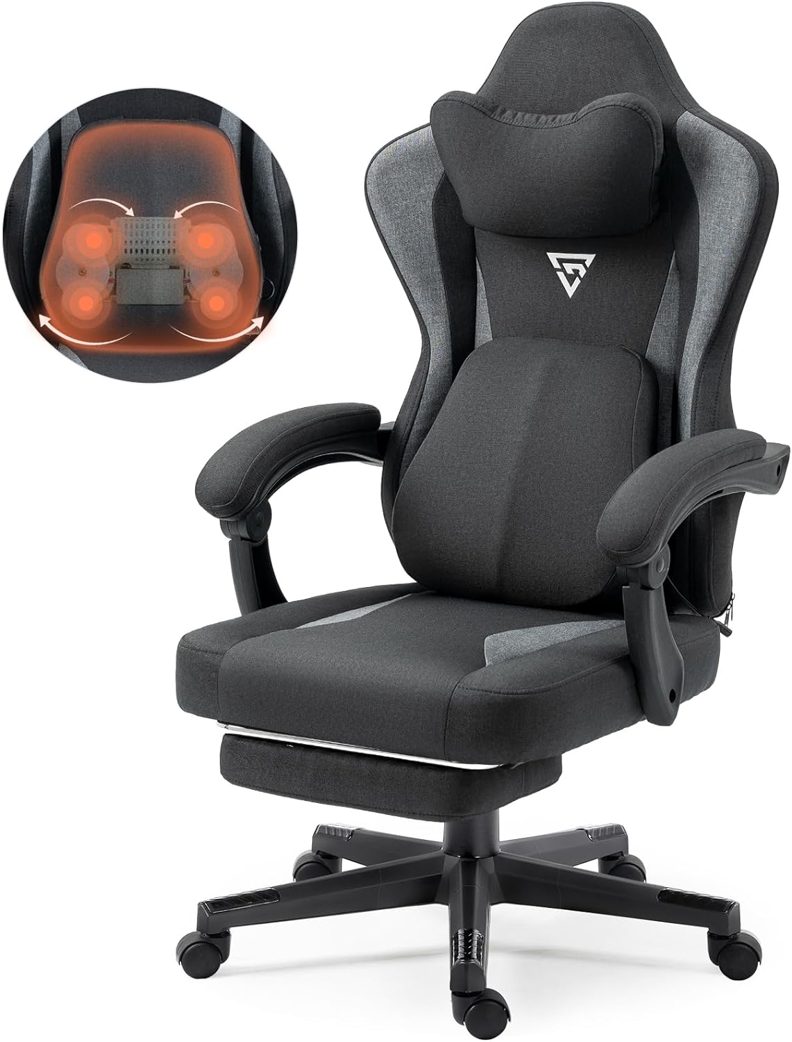 Gaming Chair with Heated Massage Lumbar Support, Breathable Fabric Office Chair with Pocket Spring Cushion and Footrest, Recliner High Back PC Chair for Adult Black