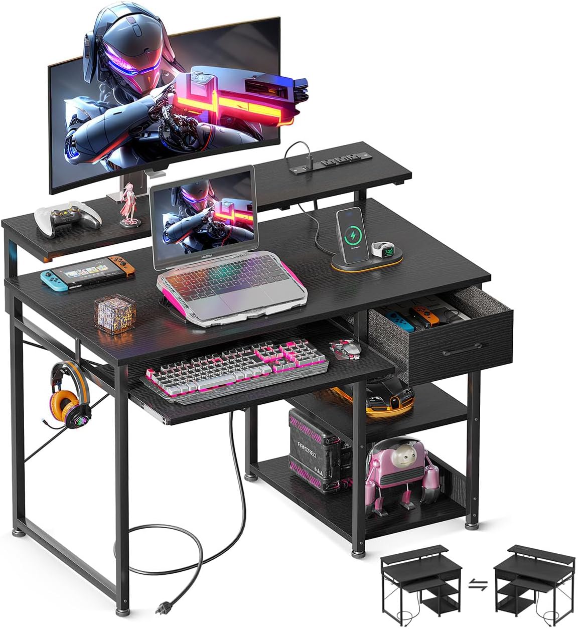 Gaming Computer Desk, 40 Inch Small Desk with Power Outlets, Study Table with Drawer and Keyboard Tray, Reversible Desk with Adjustable Monitor Shelf and Storage Shelf for Home Office, Black