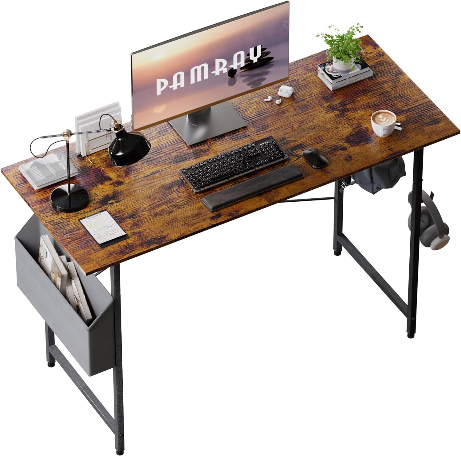 Pamray 47 Inch Computer Desk for Small Spaces with Storage Bag, Home Office Work Desk with Headphone Hook, Small Office Desk Study Writing Table