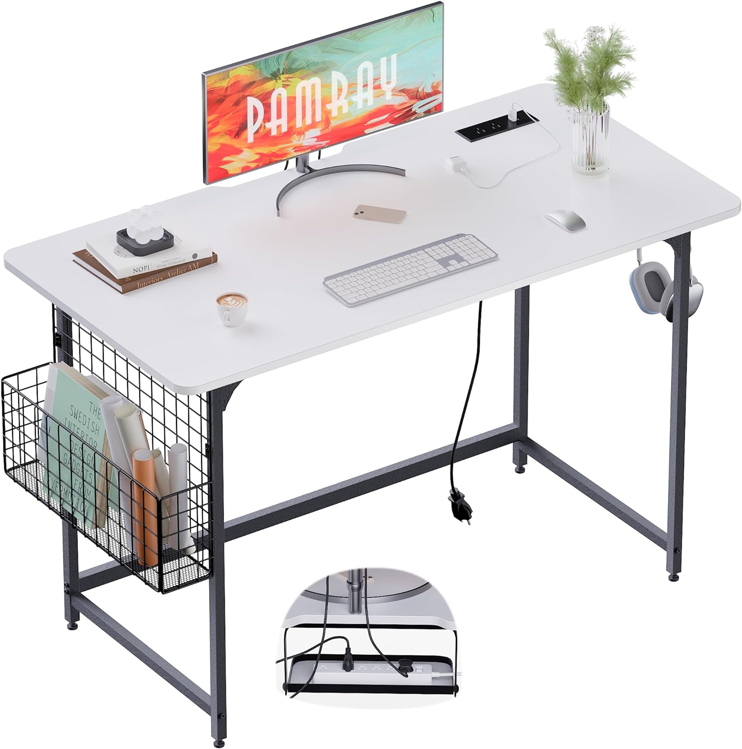 Pamray 47 inch White Computer Desk with Outlets Built-in, Home Work Office Computer Table with Under Desk Cable Management for Study Writing and Gaming