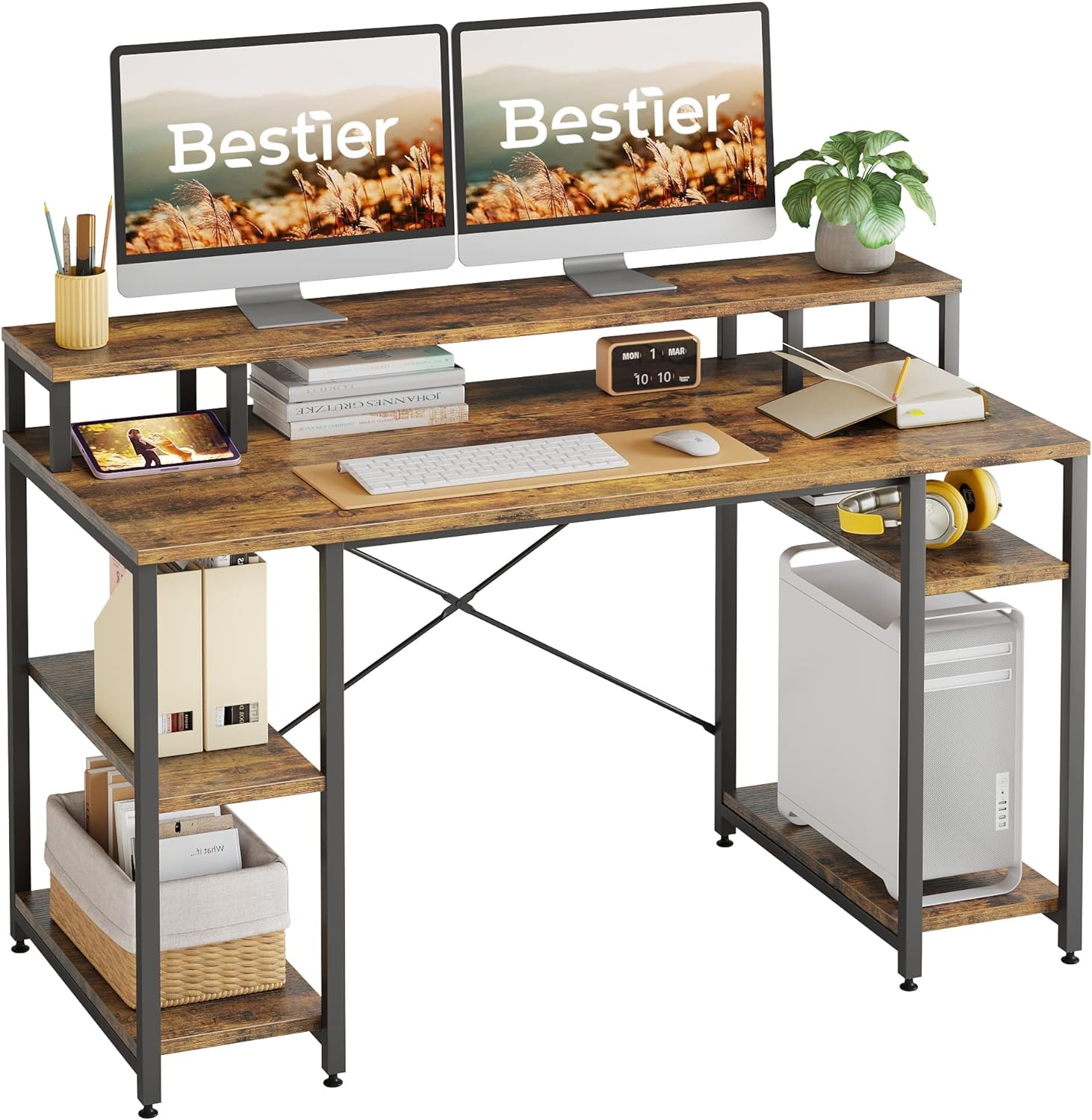 Bestier Computer Desk with Monitor Shelf, 55 Inches Gaming Desk with Shelves Writing Desk with Storage Ideal Office Desk &Workstation for Small Space, Rustic Brown