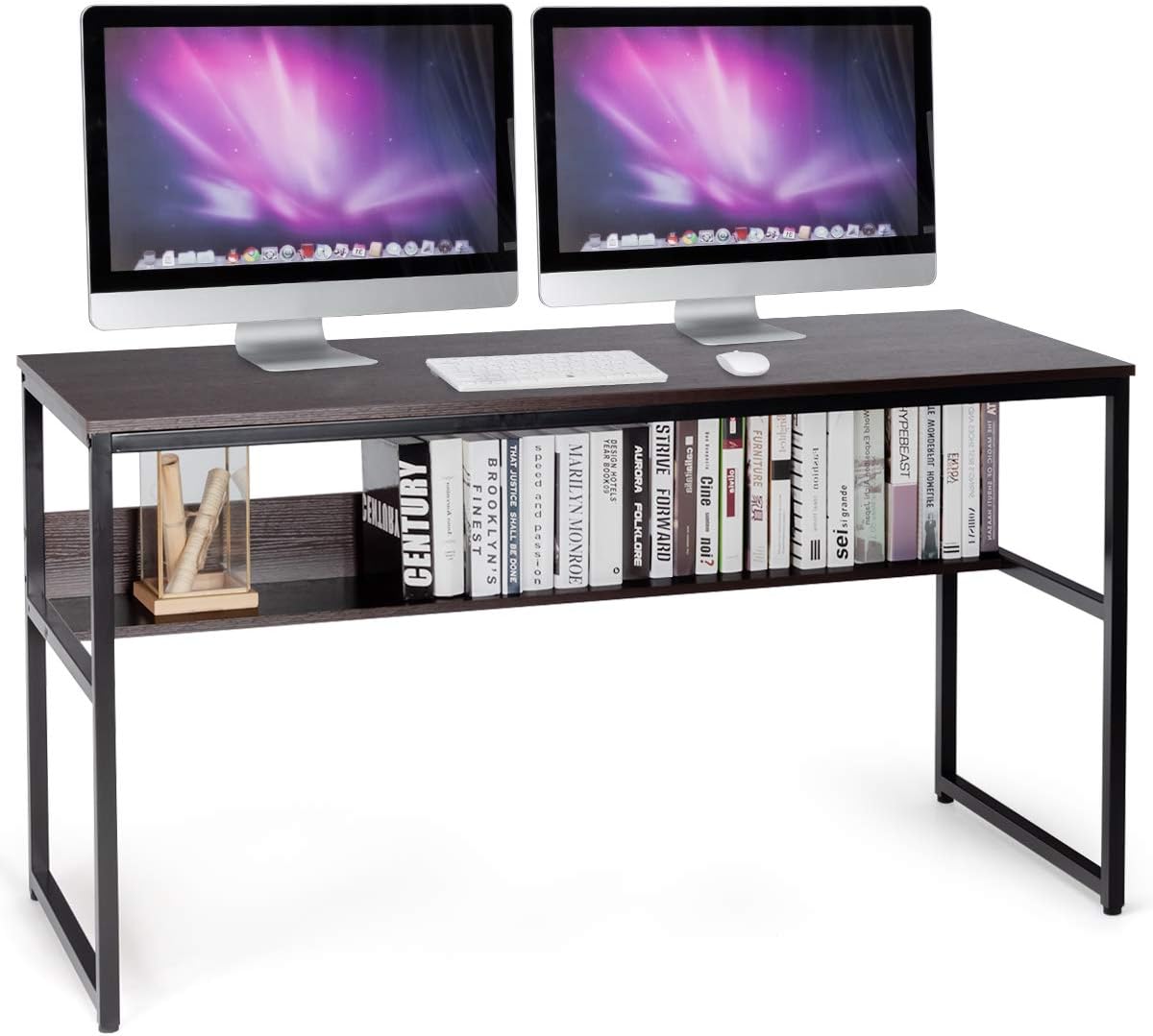 Tangkula 55 Inches Computer Desk with Bookshelf, Study Writing Table w/Storage Shelf & Sturdy Metal Frame, Home Office Desk with Adjustable Foot Pads & Spacious Desktop, Computer Workstation