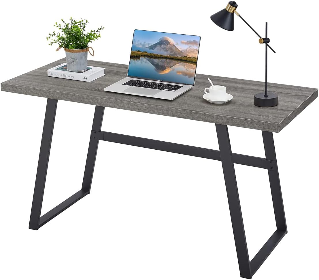 BON AUGURE 55 inch Modern Writing Desk, Rustic Computer Desk for Home Office, Sturdy Simple Wood and Metal Desk, Industrial Work Study Table (Dark Grey Oak)