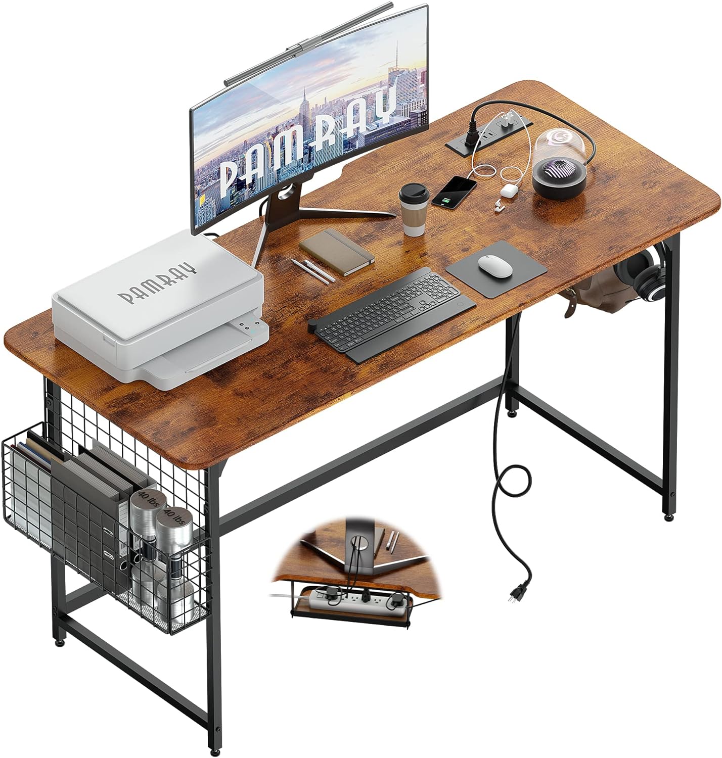 Pamray 55 inch Computer Desk with Built-in Outlet & USB Charging Port Home Office Desk with Cable Trough and Under Desk Cable Management for Work and Gaming Brown