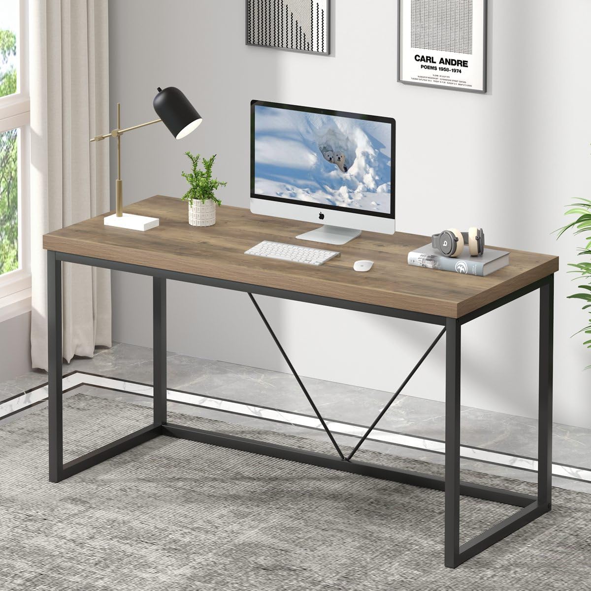 FOLUBAN Modern Computer Desk, Rustic Wood and Metal Writing Desk, Vintage PC Table for Home Office, Oak 55 inch