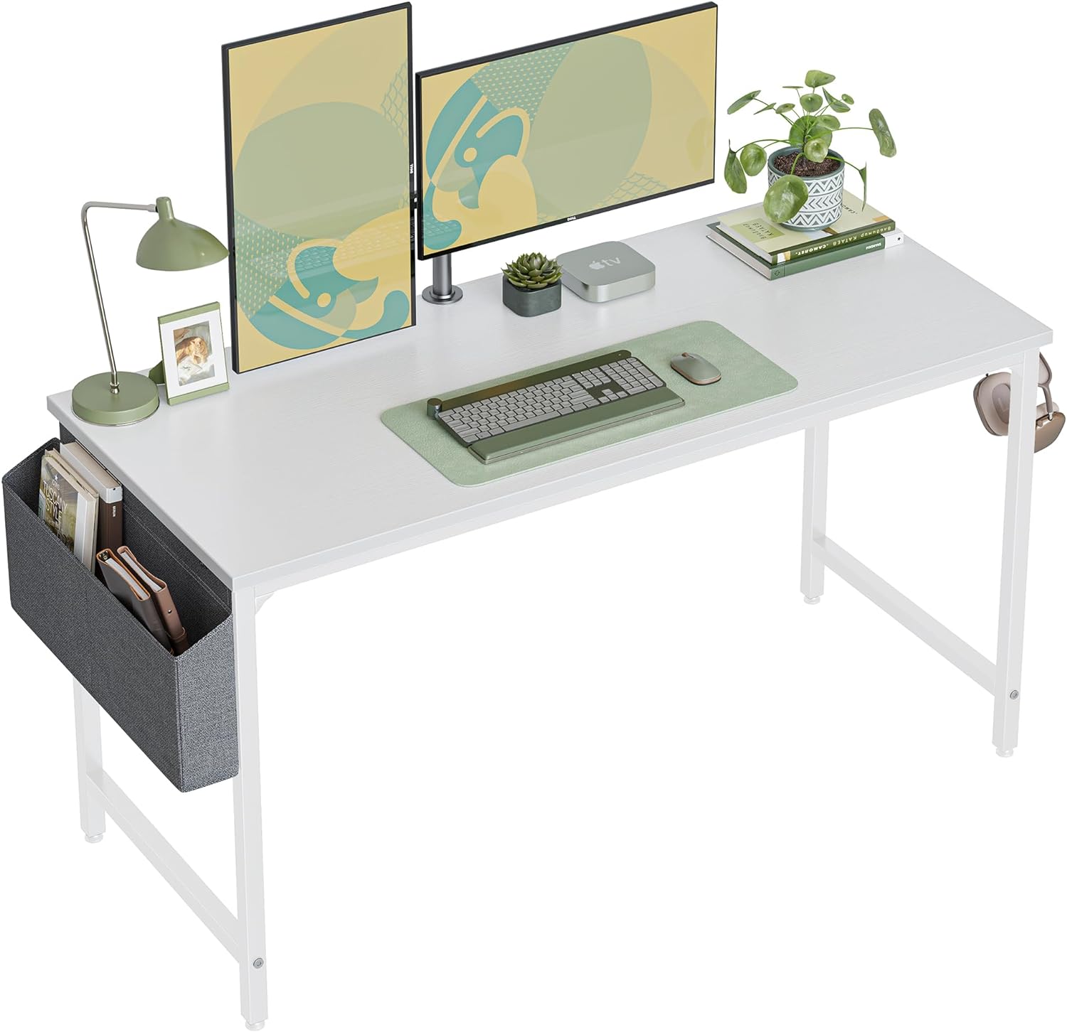 CubiCubi Computer Desk 55 Study Writing Table for Home Office, Modern Simple Style PC Desk, White Metal Frame, White