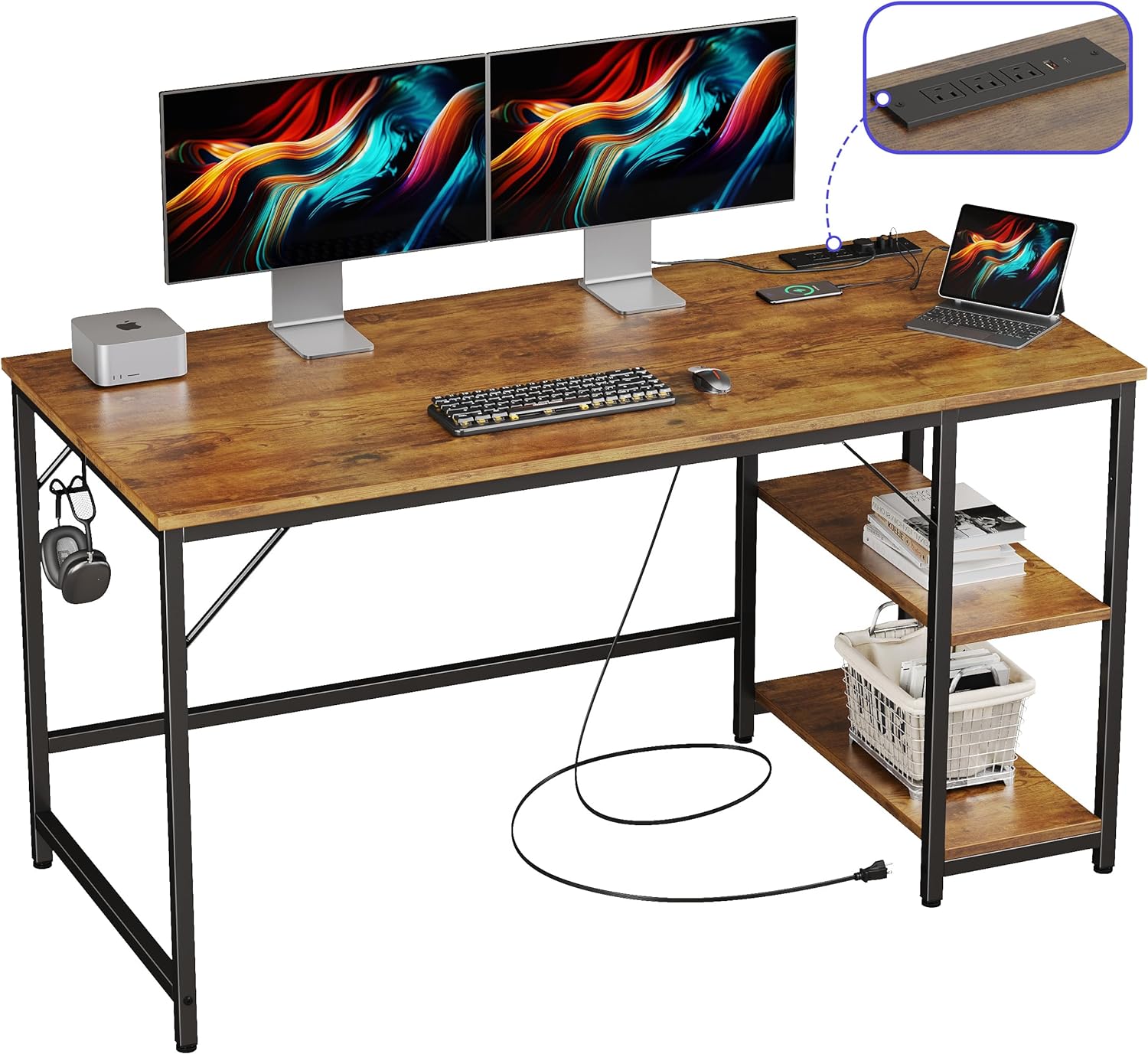 JOISCOPE 55 Inch Small Gaming Computer Desk with Power Outlets, Home Office Desk with Storage Shelves and PC Stand for Small Space Home Office, Morden Simple Writing Table, Vintage Oak Finish