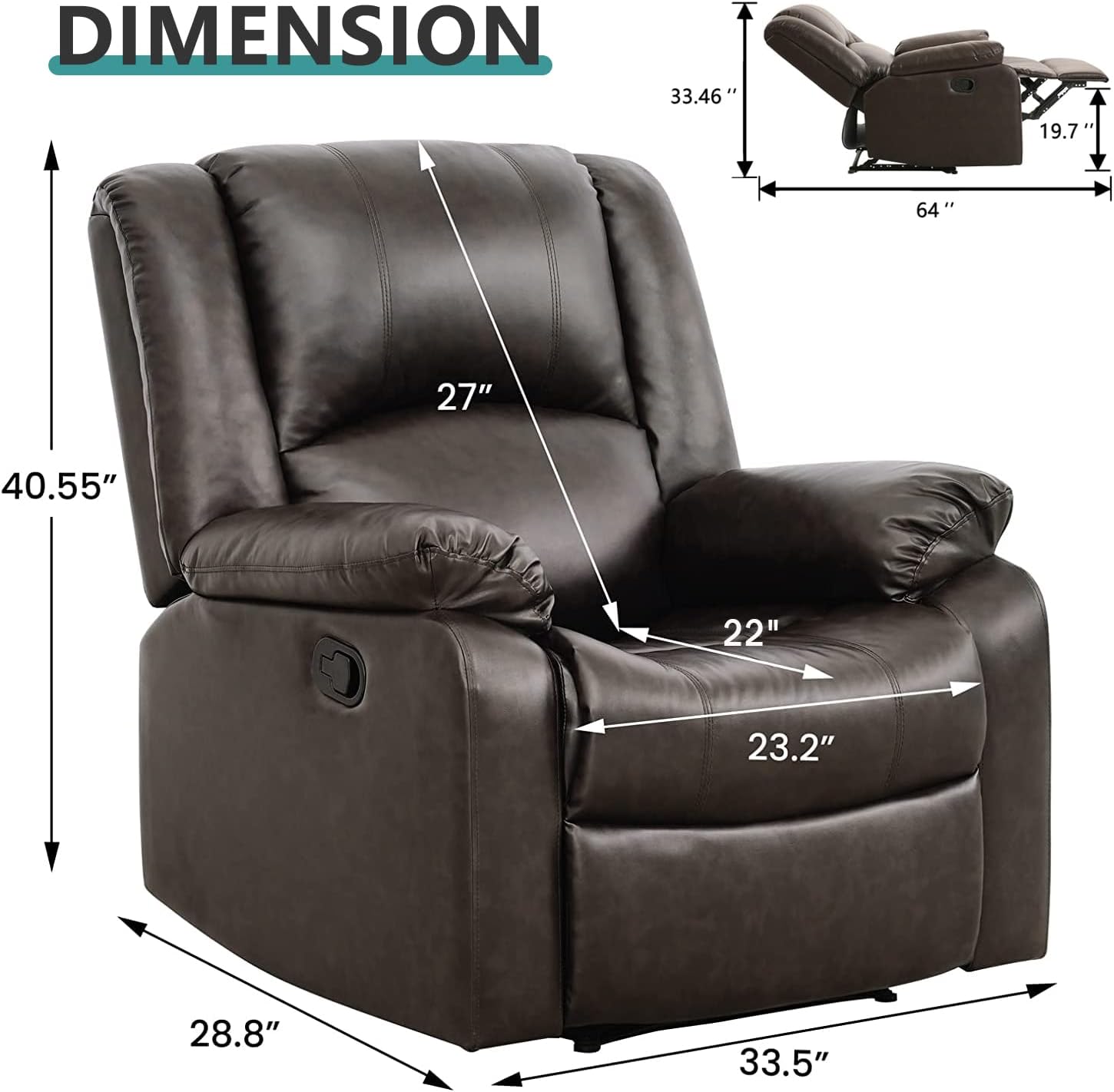 Breathable Leather Recliner Chair Set of 2 Lazy boy Recliner for Small Spaces,with Overstuffed Arm and Back,Single Manual Reclining for Living Room,Bedroom-Dark Brown