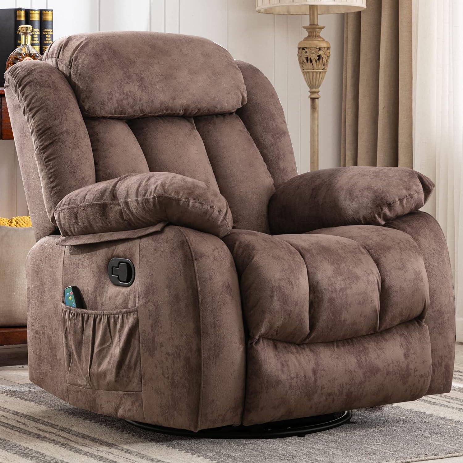 CANMOV Massage Rocker Recliner with Heat and Vibration, 360 Degree Swivel Manual Antiskid Fabric Single Sofa Heavy Duty Reclining Chair for Living Room, Dark Brown