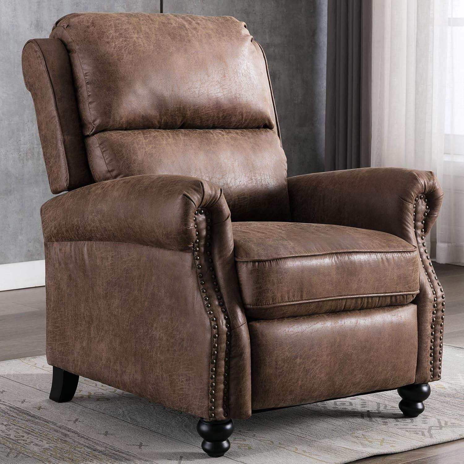 CANMOV Pushback Recliner Chair Faux Leather Armchair Push Back Recliner with Rivet Decoration Single Sofa Accent Chair for Living Room, Chocolate