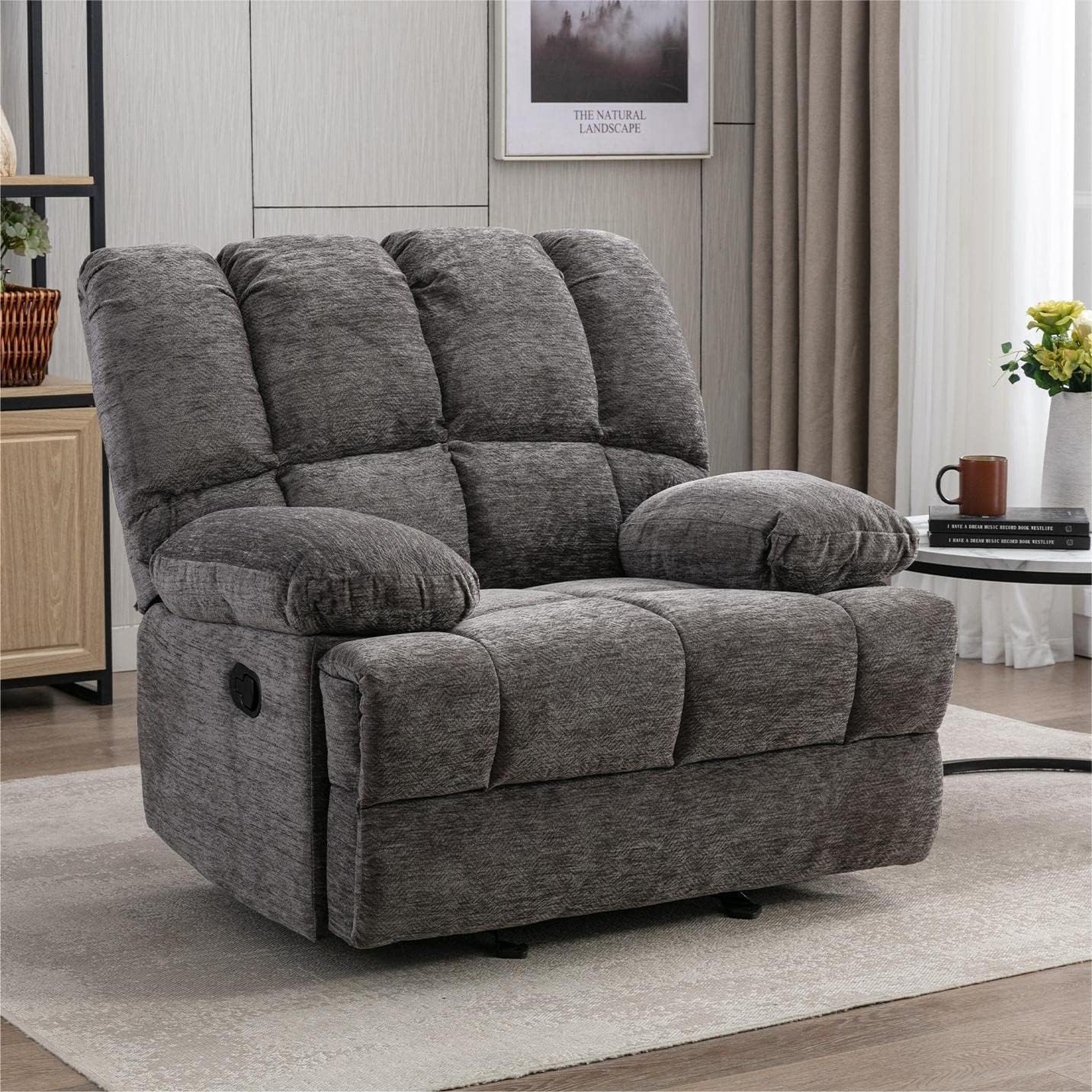 Dreamsir Oversized Rocker Recliner Chair, Wide Manual Recliner Single Sofa, Soft Fabric Overstuffed Rocking Chair for Living Room, Theater Seating for Big Man, Limestone Grey