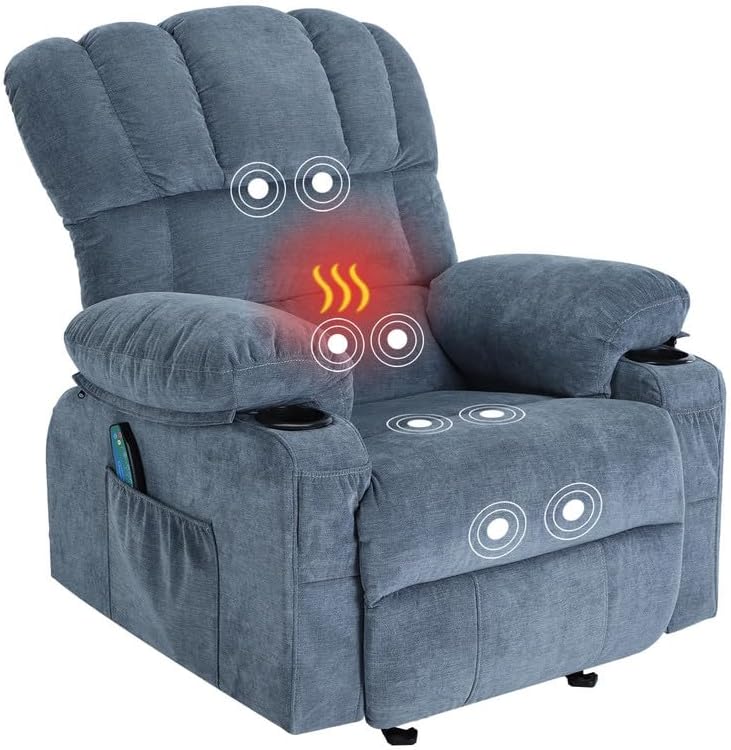 Recliner Chair Heating Massage Sofa for Living Room, Adjustable Back Lounge Chair with 30 Rocking Function, Side Pocket and 2 Cup Holders, Power Recliner with USB Port for RelaxationBlue