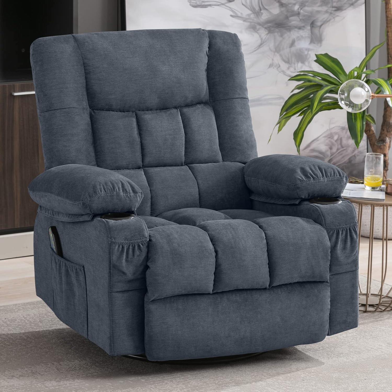 Massage Swivel Rocker Recliner Chair with Vibration Massage and Heat Ergonomic Lounge Chair for Living Room with Rocking Function and Side Pocket, 2 Cup Holders, USB Charge Port