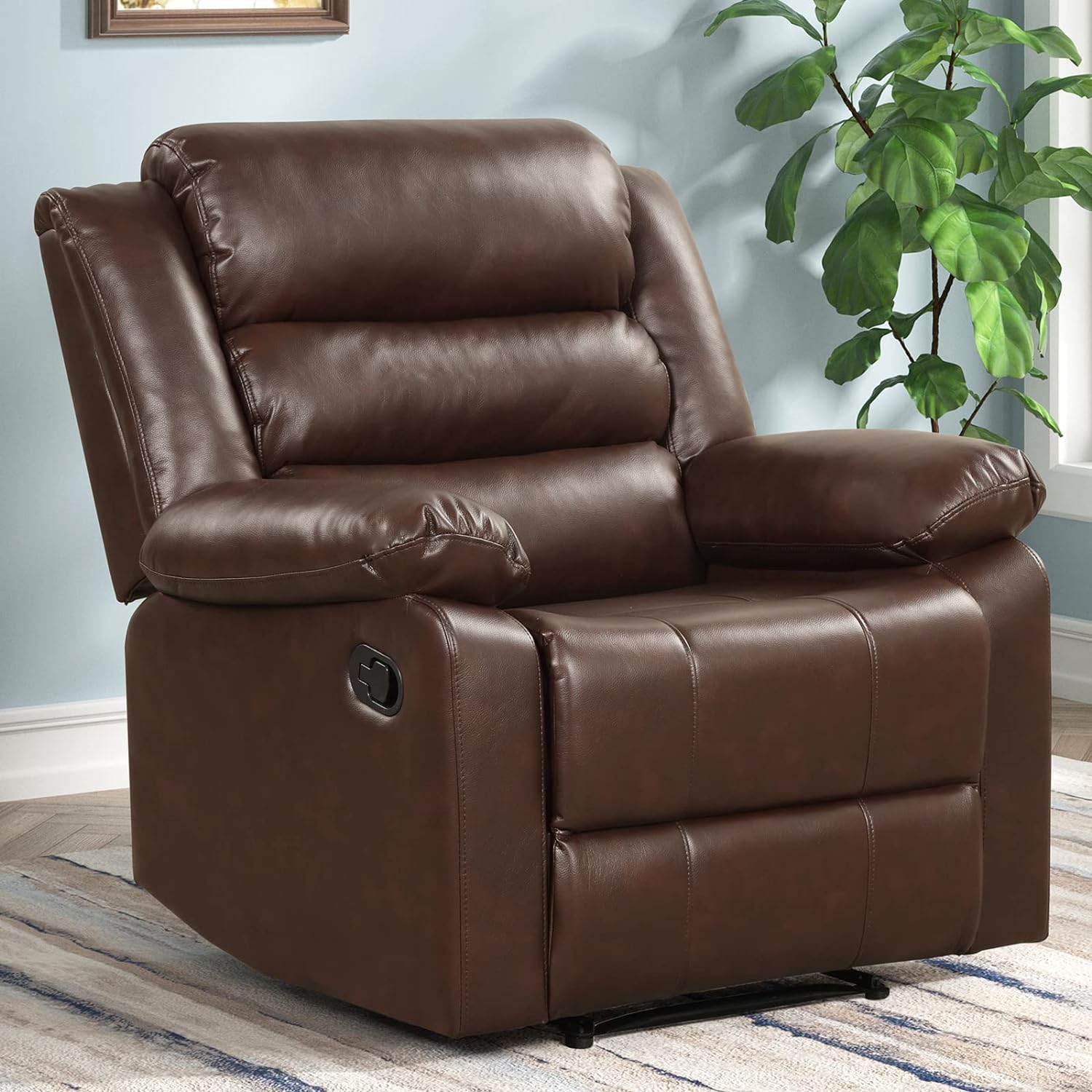 ANJ Manual Recliner Chair, Breathable PU Leather Reclining Chair, Extra Wide Recliners with Overstuffed Arm and Back, Single Sofa Chair for Living Room Bedroom(Brown)