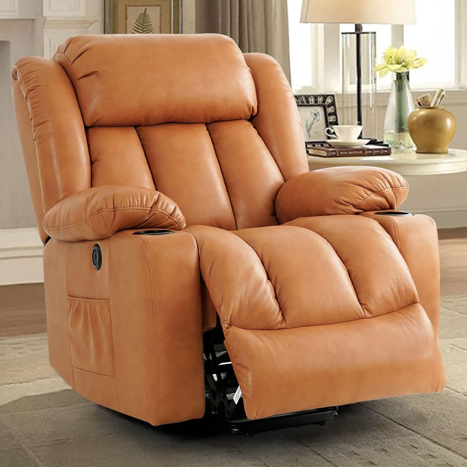 COOSLEEP Large Power Lift Recliner Chair with Massage and Heat for Elderly, Overstuffed Wide Recliners, Breathable Leather with Breathable microporous, USB Ports, 2 Cup Holders (Bright Orange)