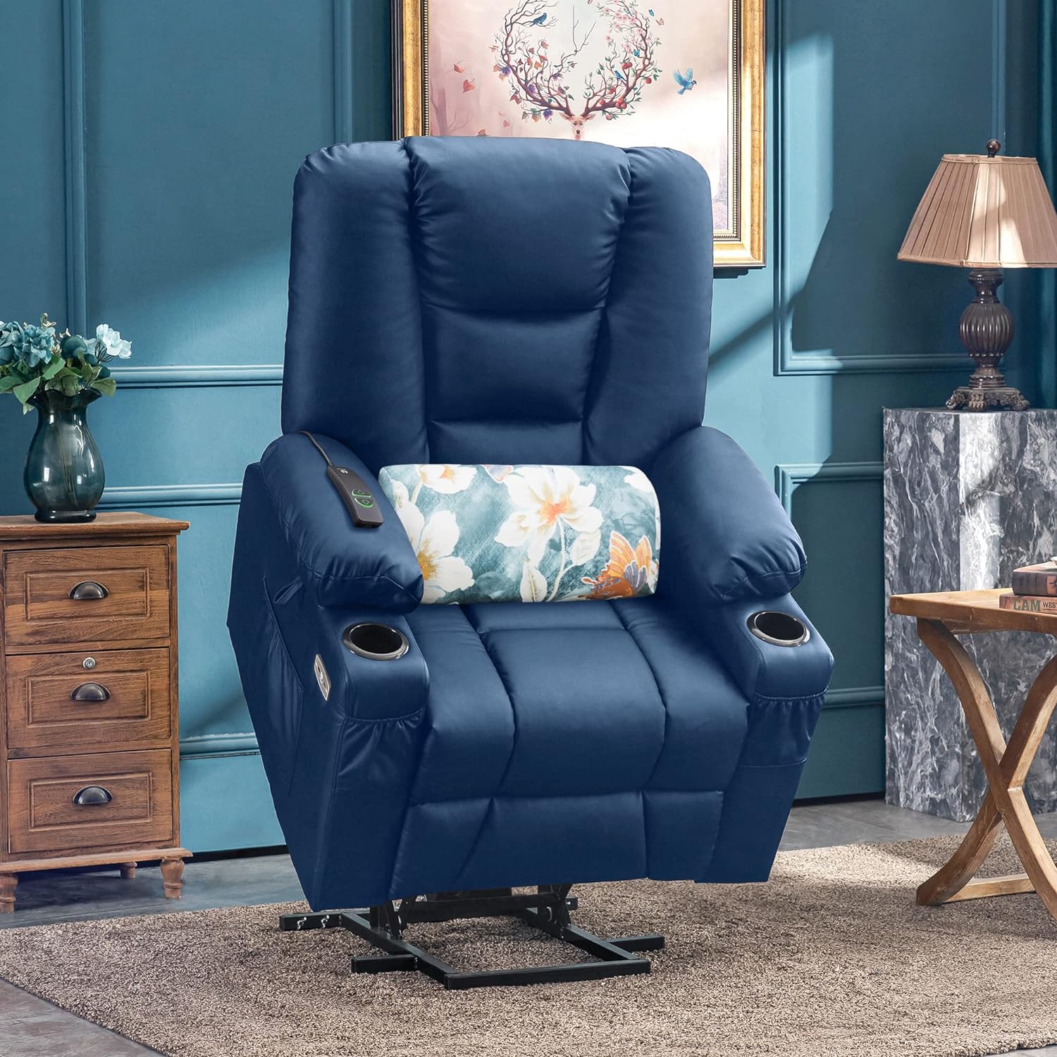 MCombo Power Lift Recliner Chair with Massage and Heat for Elderly People, Faux Leather 7519 (Medium, Navy Blue)