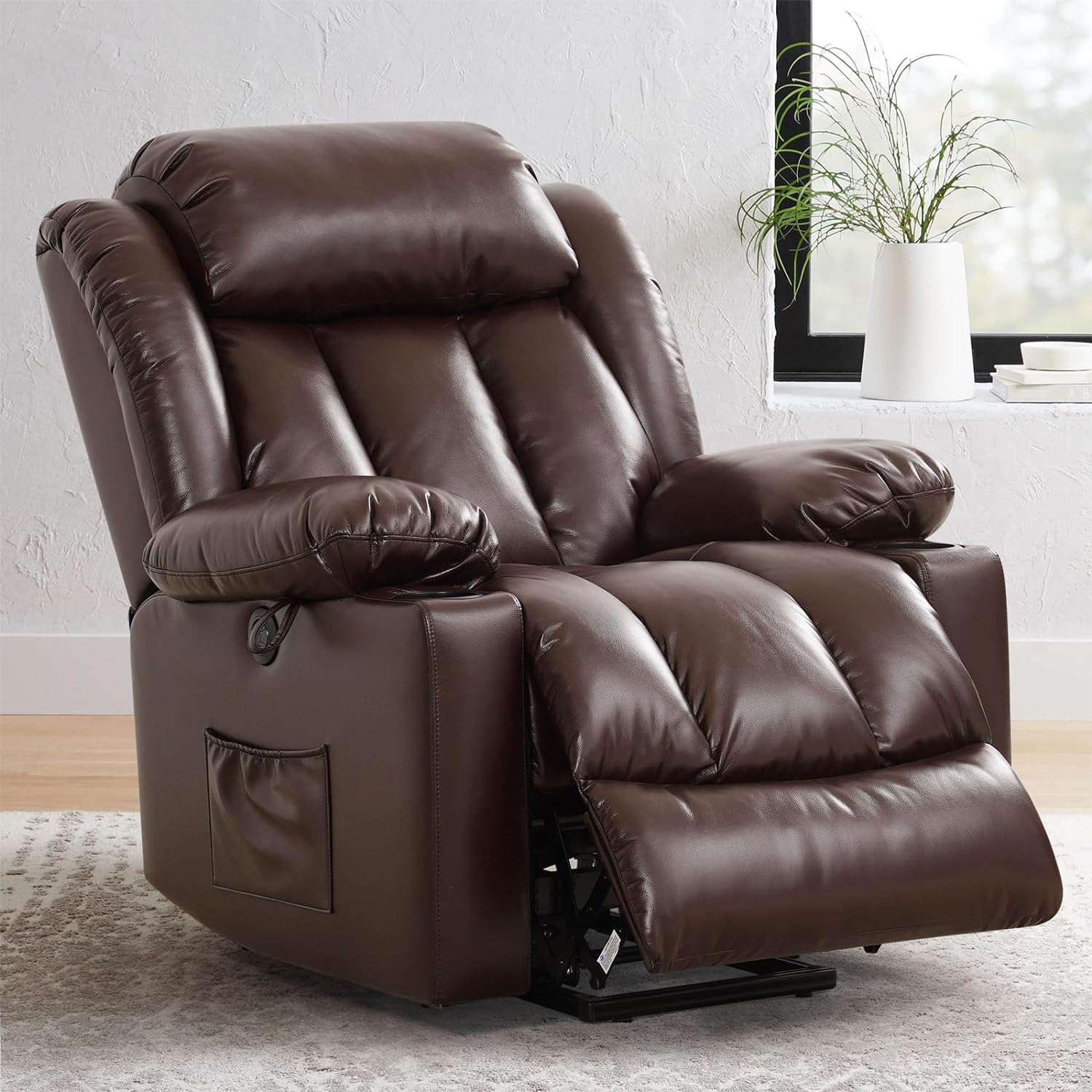 Power Lift Recliner Chair,Breathable Leather Recliner Chair with Massage and Heat for Elderly and People Limited Mobility,2 Cup Holders,Electric Stand Assist,USB Ports (Brown)