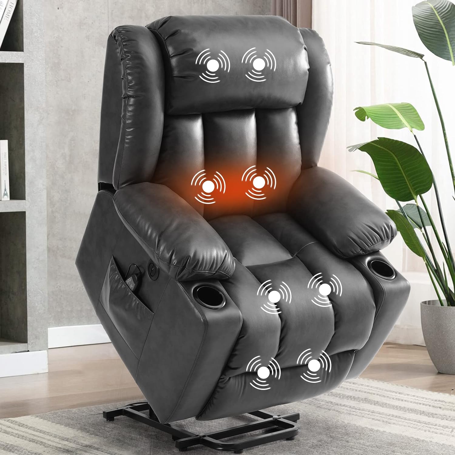 ASHOMELI Large Power Lift Recliner Chair for Elderly with Massage and Heating Function,2 Side Pocket,2 Cup Holders,USB Charge Portn (Grey)