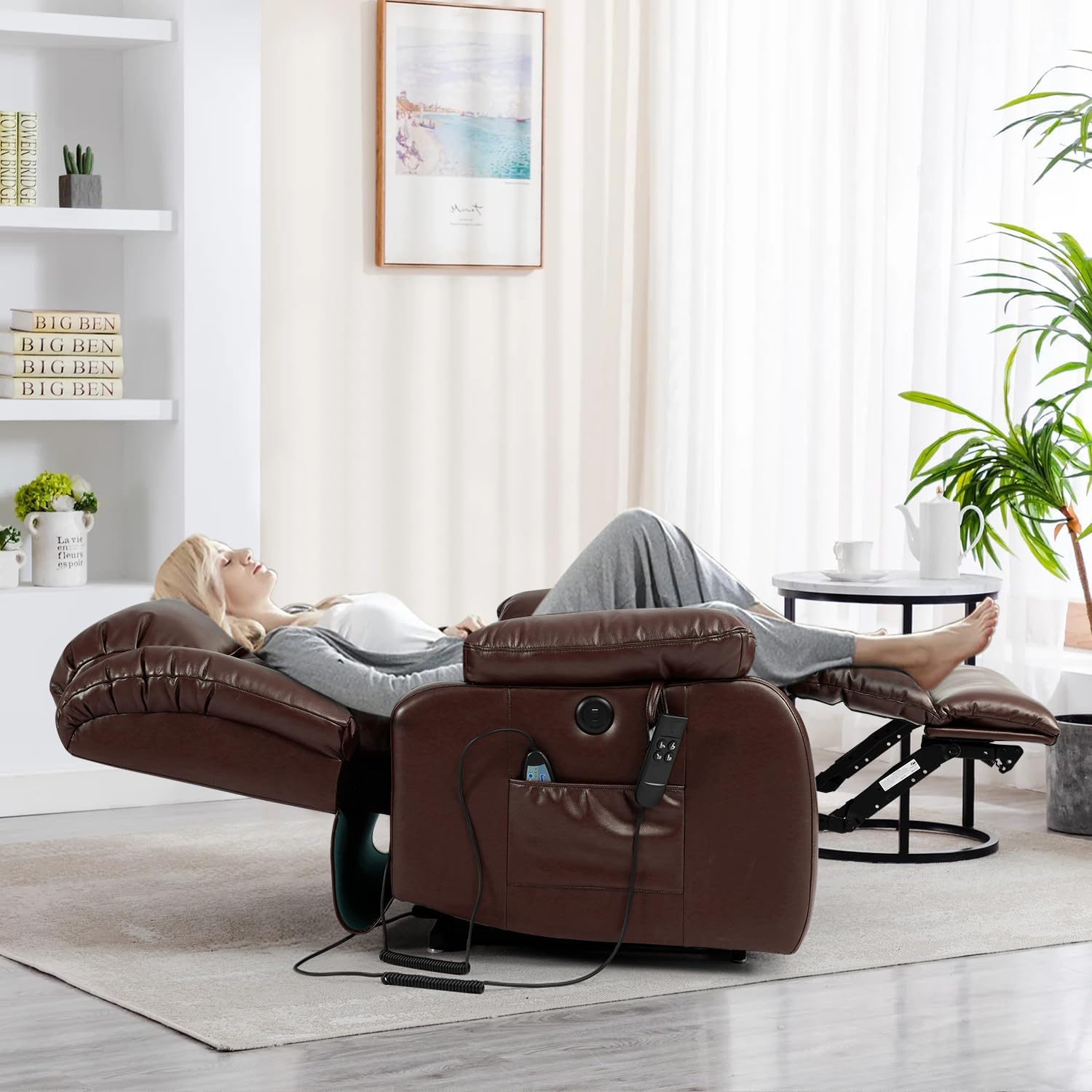 ASHOMELI Infinite Position Dual Motor Large Power Lift Recliner Chair with Massage and Heating,Real Leather,2 Side Pockets, USB and Type-c Ports (Brown)