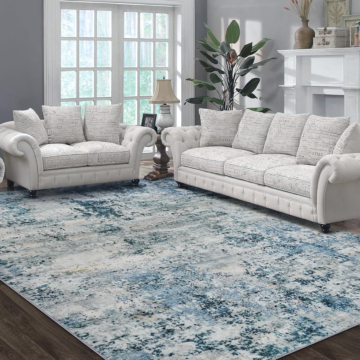 Area Rug Living Room Rugs: 5x7 Abstract Soft Fluffy Pile Large Carpet with Low Shaggy for Bedroom Dining Room Home Office Indoor Decor Under Kitchen Table Washable - Ivory/Blue