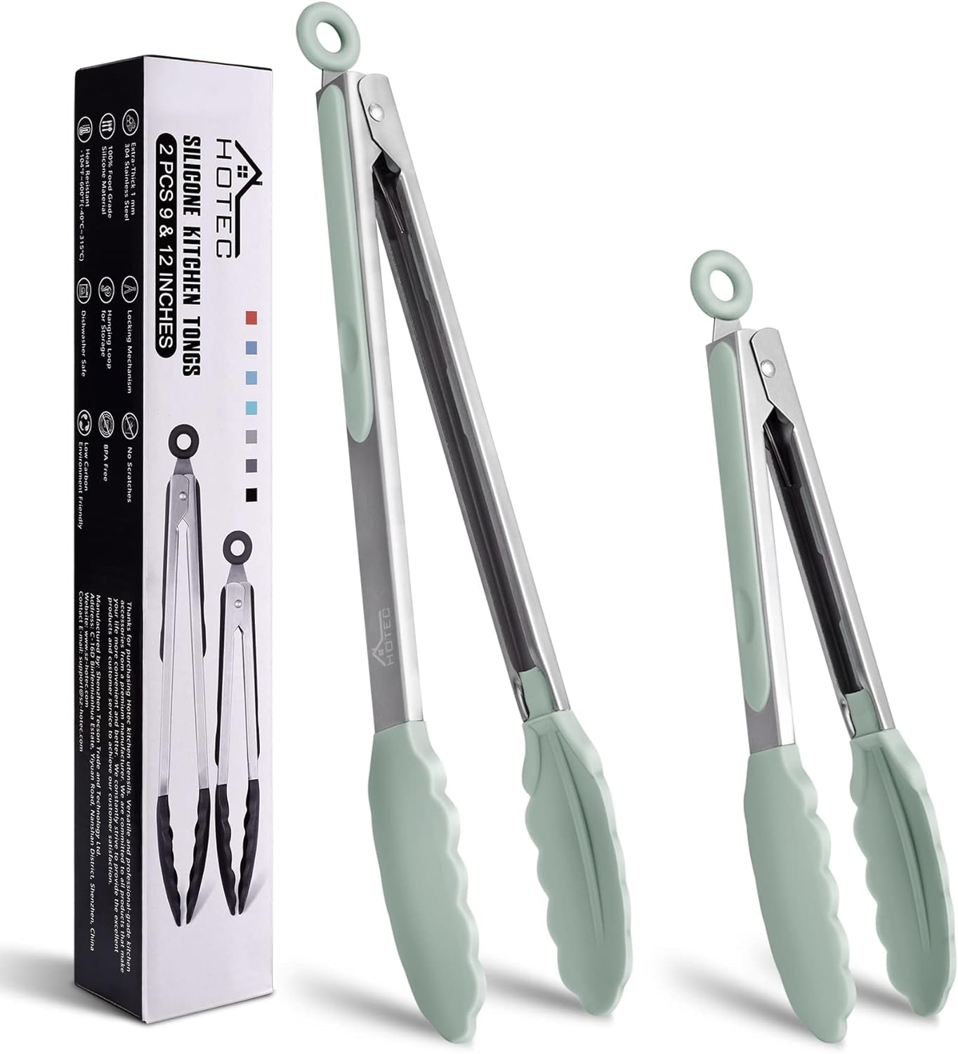 Hotec Premium Stainless Steel Locking Kitchen Tongs with Silicon Tips, Set of 2-9 and 12 Light Green