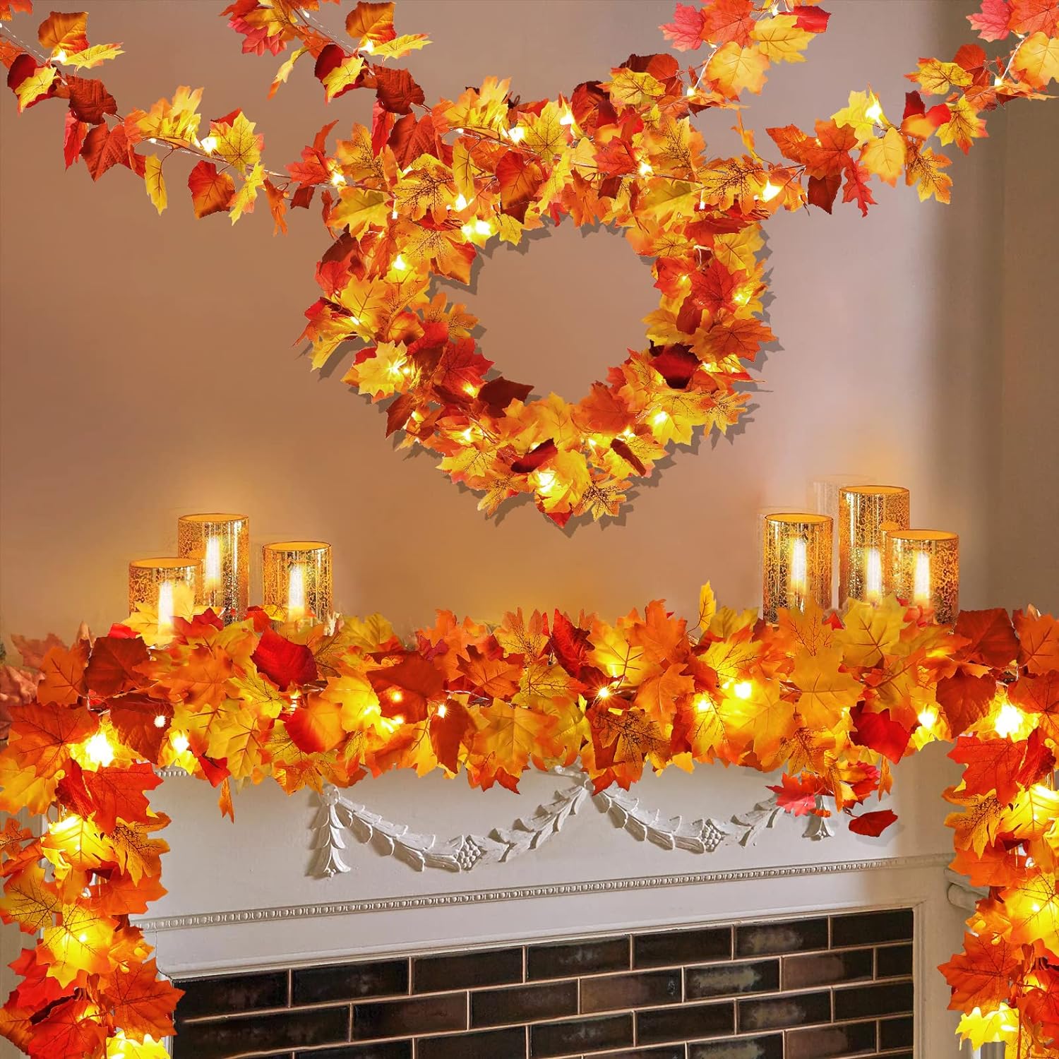 2 Pack Fall Decor Maple Leaves Garland with Lights Battery Operated Fall Thanksgiving Decorations Garland for Home Porch Front Door Table Mantle Outdoor Autumn Harvest Halloween Decor, 11.8Ft 40LED