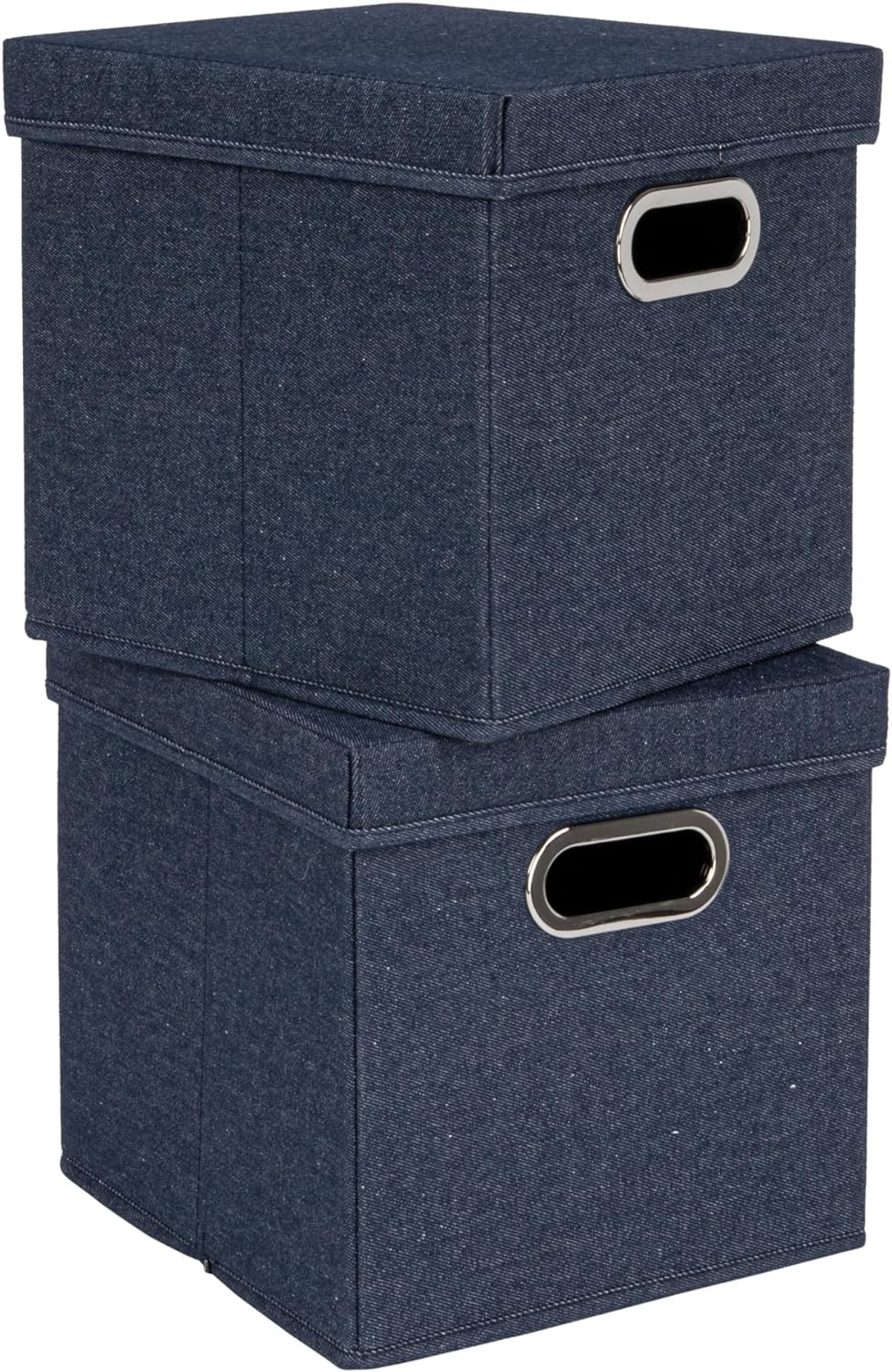 Household Essentials, Denim Collapsible Cotton Blend Cube Storage Box with Lid and Metal Grommet Handle, Set of 2