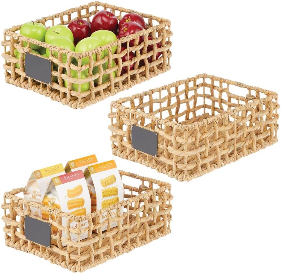 mDesign Water Hyacinth Open Weave Household Basket with Built-in Chalkboard Label for Storage in Bedroom, Bathroom, Office - Hold Clothes, Blankets, Linens, Accessories, 3 Pack - Natural/Tan