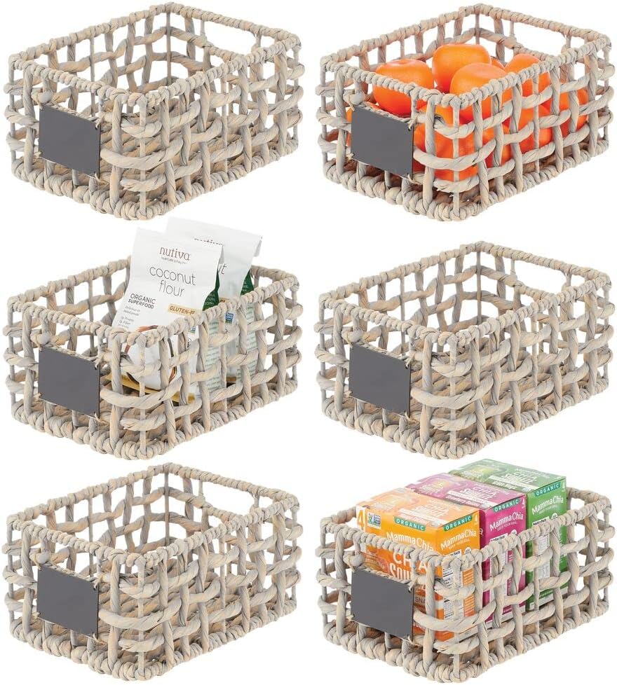 mDesign Water Hyacinth Open Weave Household Basket with Built-in Chalkboard Label for Storage in Bedroom, Bathroom, Office - Hold Clothes, Blankets, Linens, Accessories - 6 Pack - Gray Wash