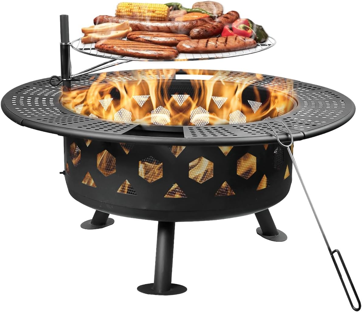 32 Inch Outdoor Fire Pit, 2-in-One Large Camping Fire Pits for Outside with Cooking Grill and Fire Poker, Wood Burning Firepit for BBQ,Warm up, Patio, Bonfire, Camping, Picnic.