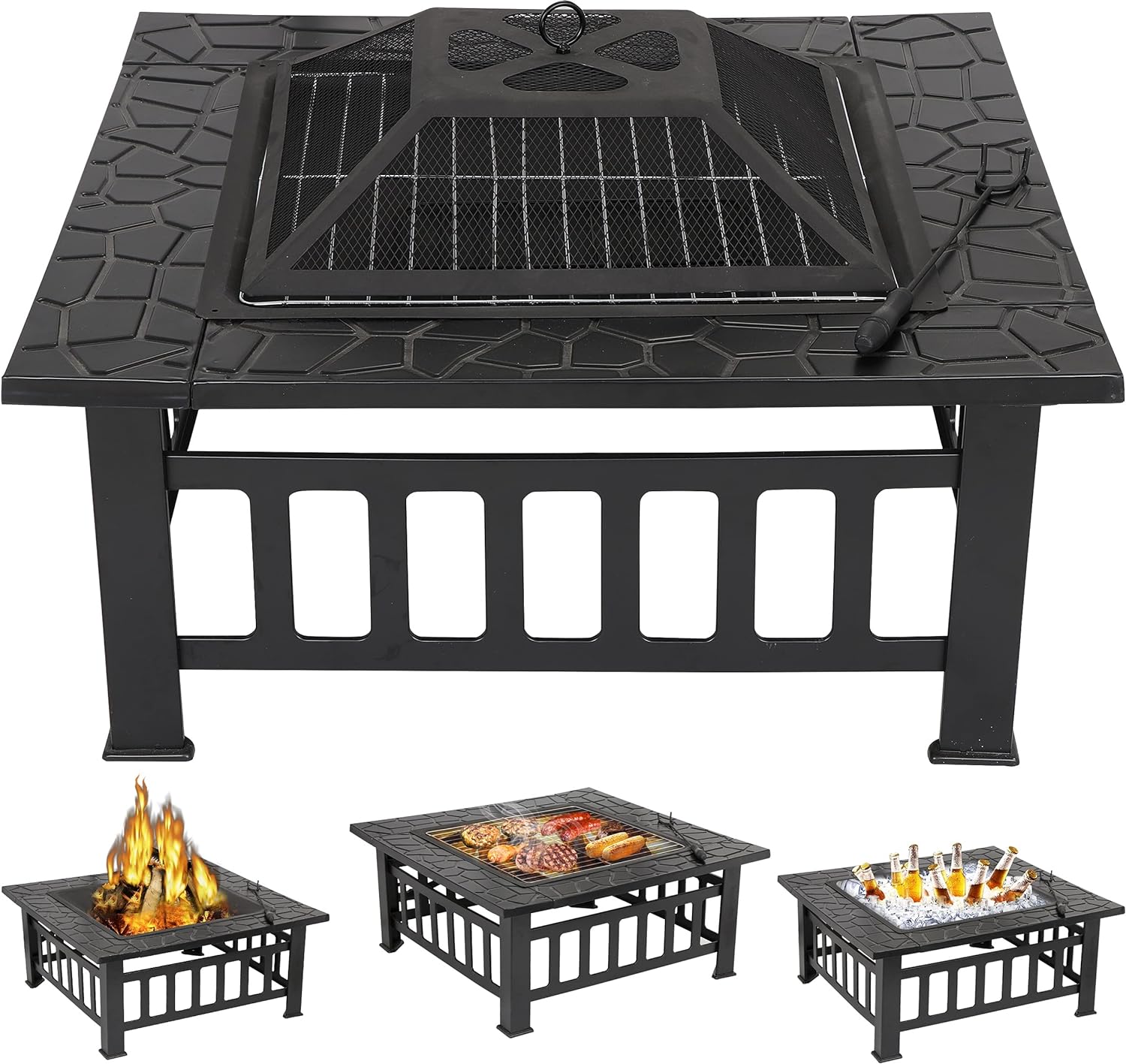 ZENY 32 Outdoor Fire Pit Square Table Metal Firepit Table Backyard Patio Garden Stove Wood Burning Fireplace w/ Waterproof Cover, Spark Screen and Poker