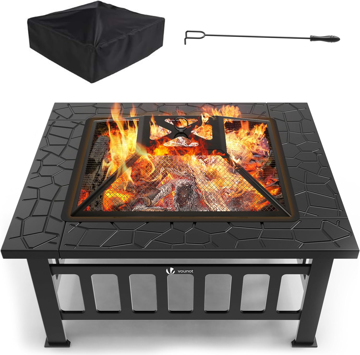 3 in 1 Metal Square Firepit 32 inch Heavy Duty Fire Pit Table Outside Wood Burning Fire Pits with Spark Screen Lit and Rain Cover for Camping Garden Patio, Black