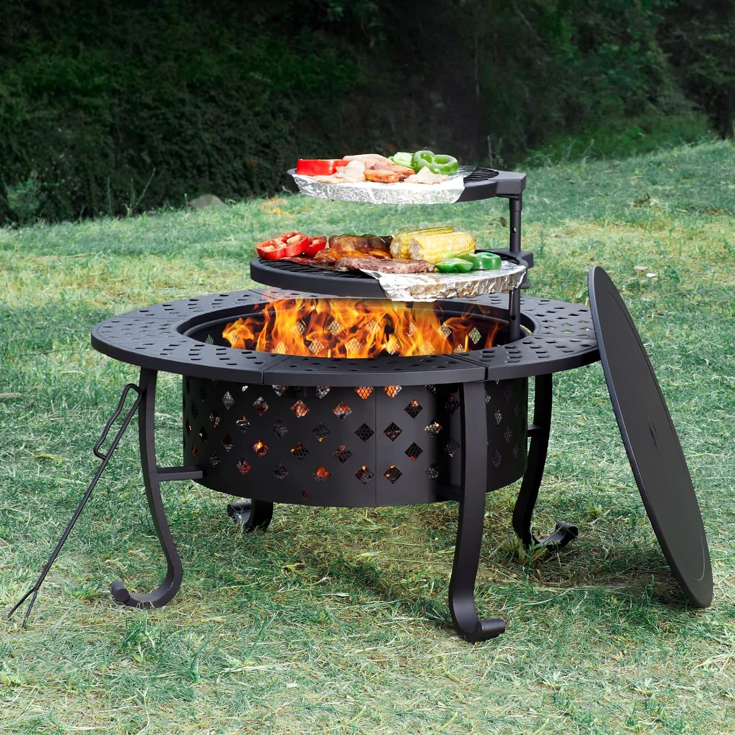 36 Inch Fire Pit with 2 Grill, Outdoor Wood Burning Firepit with Lid, Metal Round Table for Backyard Patio Garden Picnic Camping Bonfire