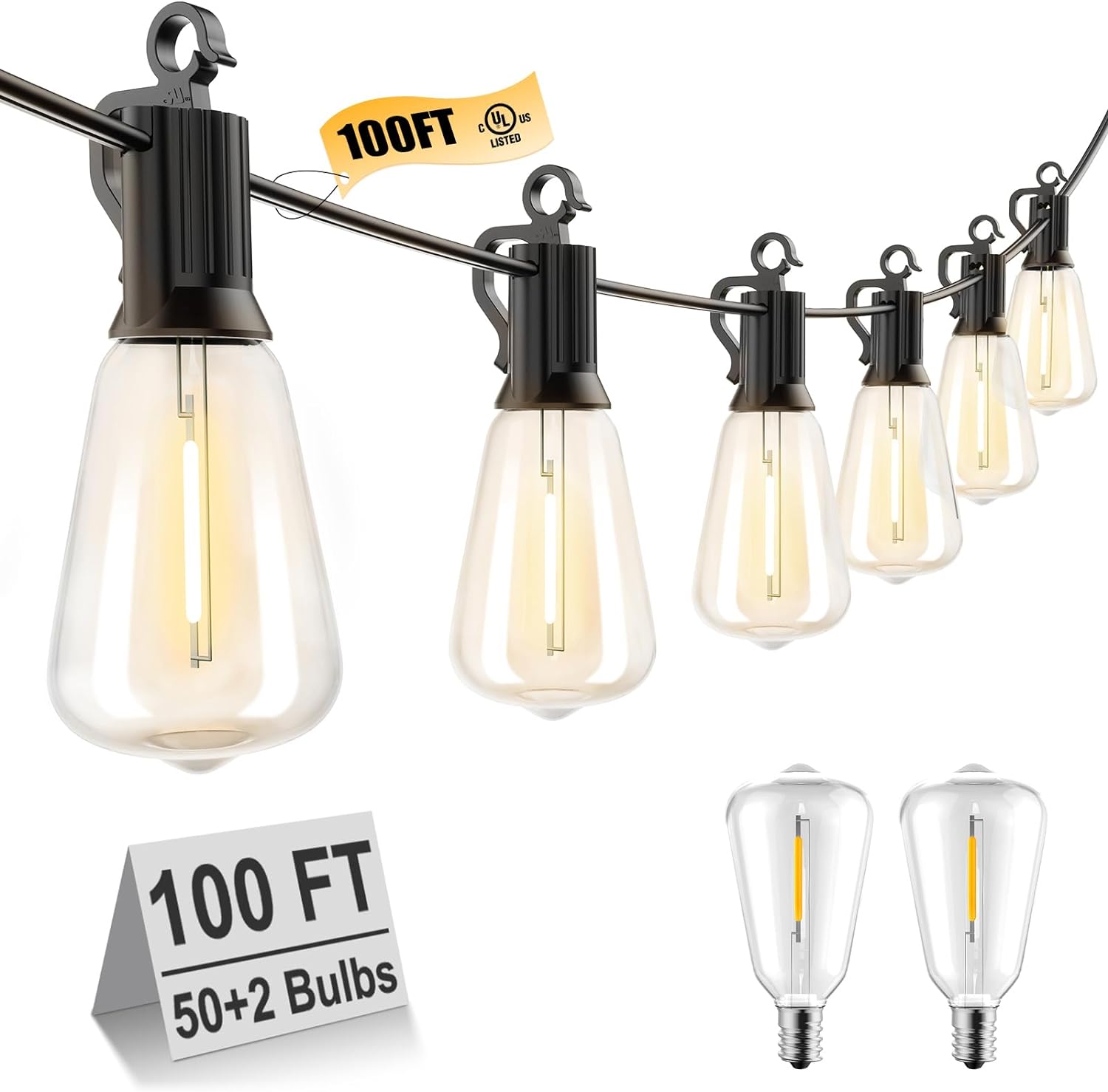 Brightown Outdoor String Lights LED 100FT Patio Lights with 52 Shatterproof ST38 Dimmable Vintage Edison Bulbs, Waterproof Outside Hanging Lights for Backyard Deck Garden Party Xmas Decor, 2700K