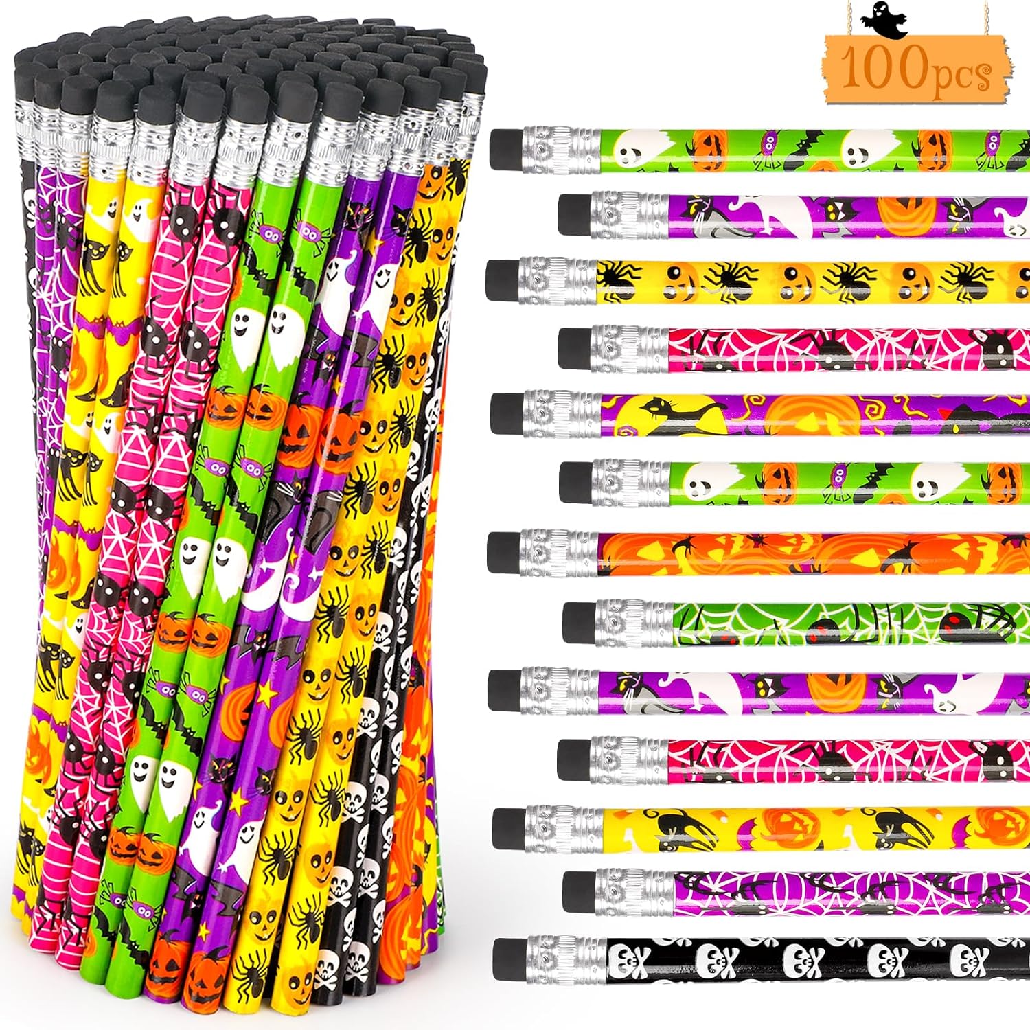 100PCS Halloween Pencils for Kids Toddlers Halloween Party Favors Colored Pencils with Eraser Assorted Pattern Pens Halloween School Stduents Gifts Classroom Prizes Trick or Treat Goodies Bags Filler