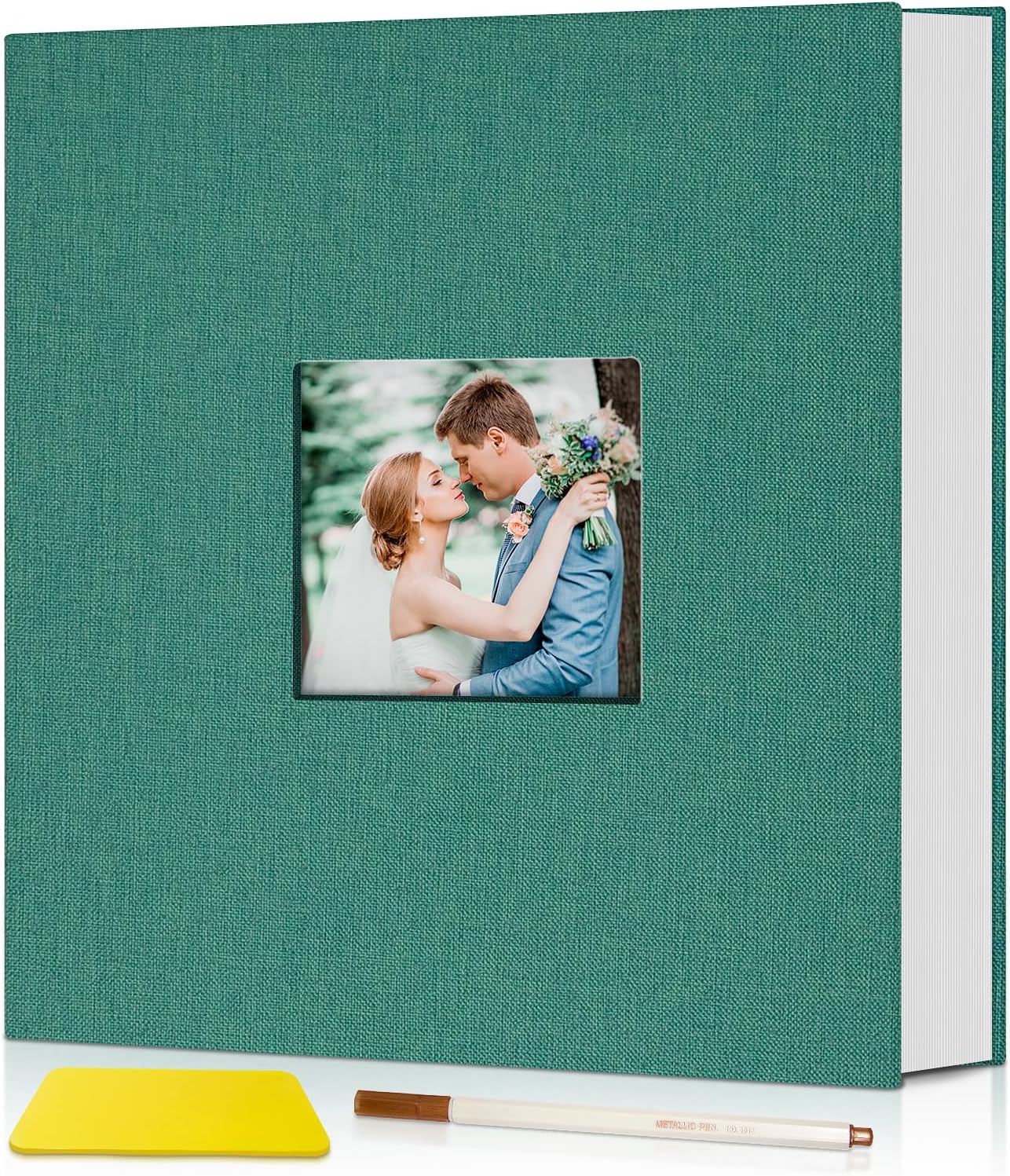 Popotop Photo Album Self Adhesive with Picture Display Window,40 Pages DIY Scrapbook Album for 4x6 8x10 Picture,Linen Cover Memory Book for Baby Wedding, with Scraper and Metallic Pen