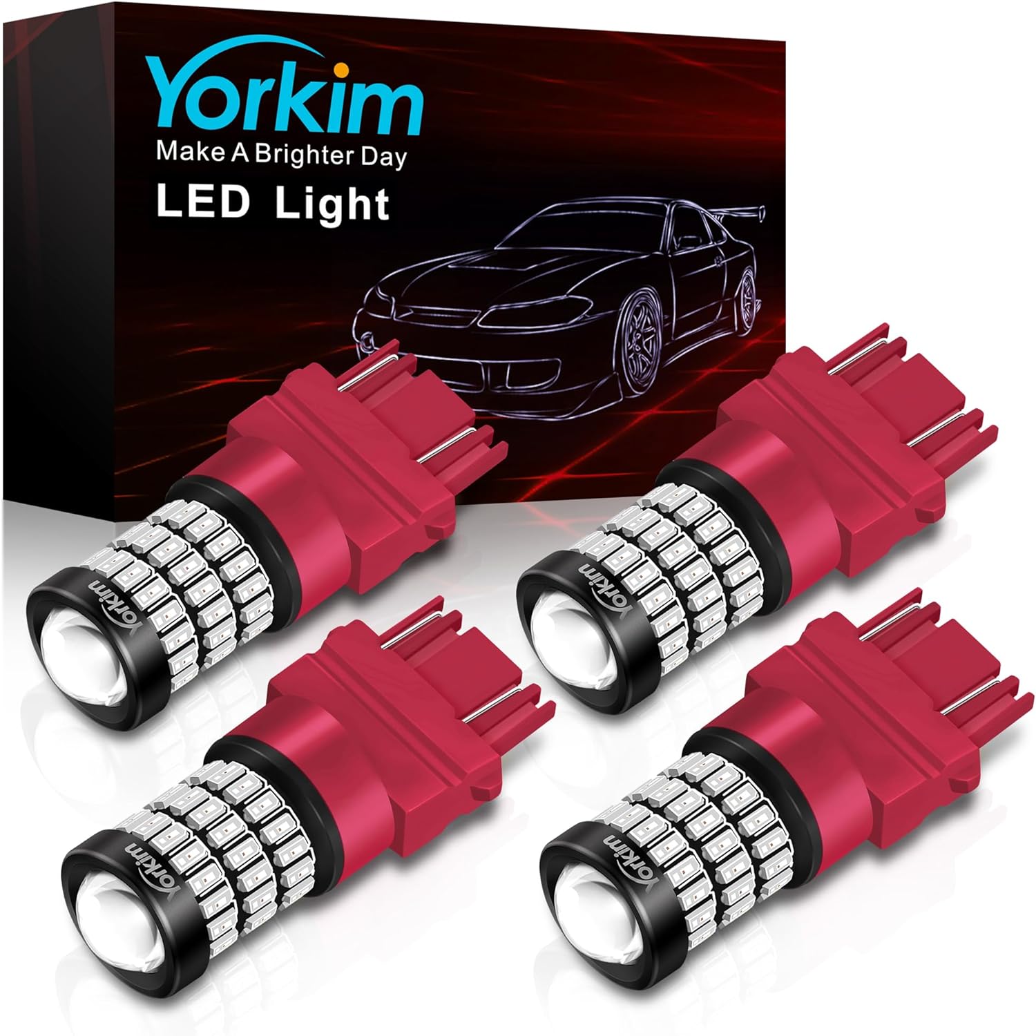 Yorkim 3157 Led Bulb Red Bright 3156 Led Bulb red for car Brake Lights Tail Lights with Projector - 3056 3156 3057K 4157K 3047K 3157LL 3457 3057 4057 4157 T25 Led Bulbs, Pack of 4