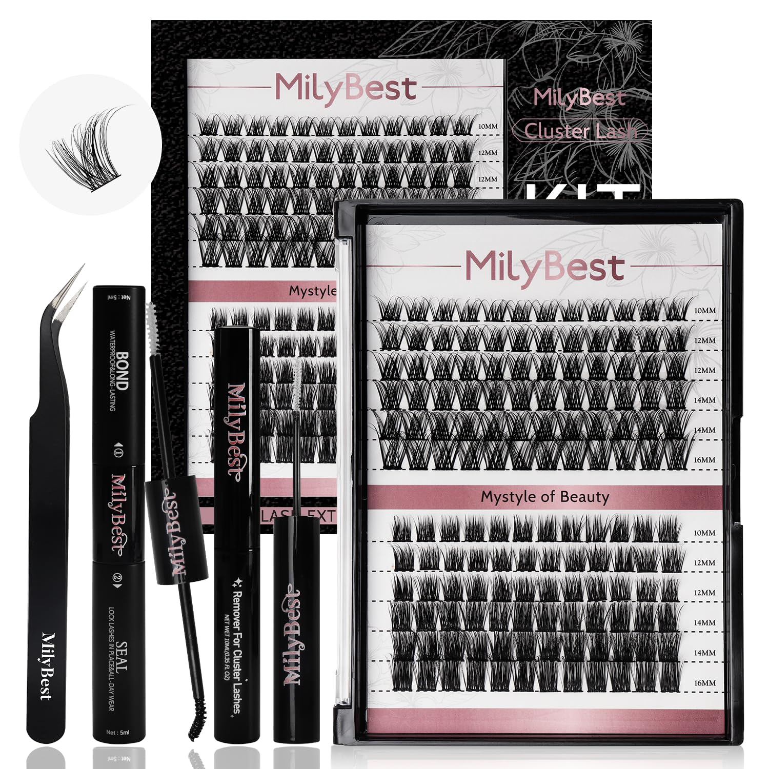 MilyBest DIY Eyelash Extension Kit with 144 Pcs Lash Clusters Bond and Seal Eyelash Glue Remover Eyelash Tweezers Applicator Beginner Set Thin Band Cluster Lashes Kit (Kit-2 Styles, 10-16MIX)