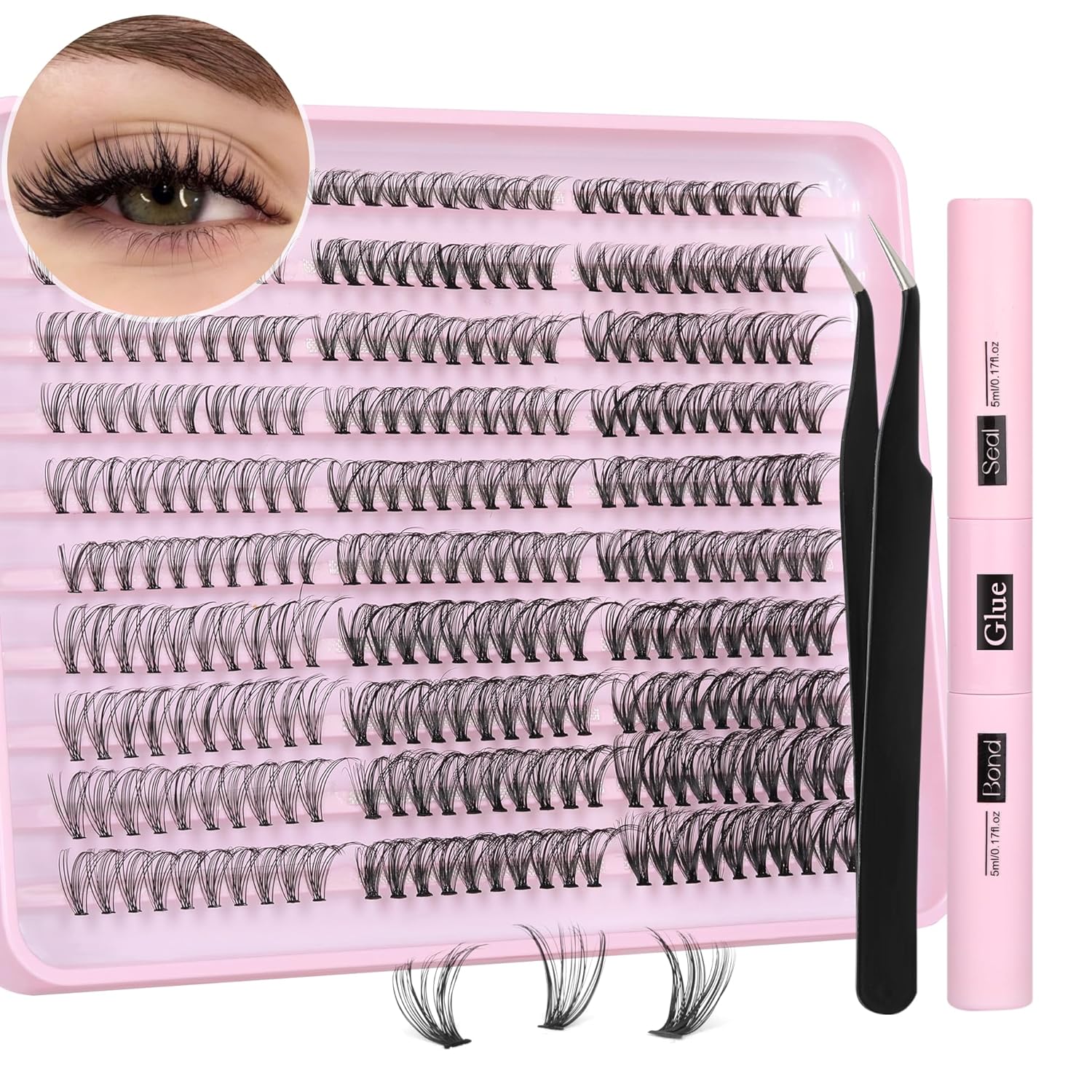 Eyelash Extensions Kit 300 Pcs Lash Clusters Individual Lashes with Strong Hold Lash Bond and Seal and Cluster Eyelashes Applicator Tool (20D/30D/40D)