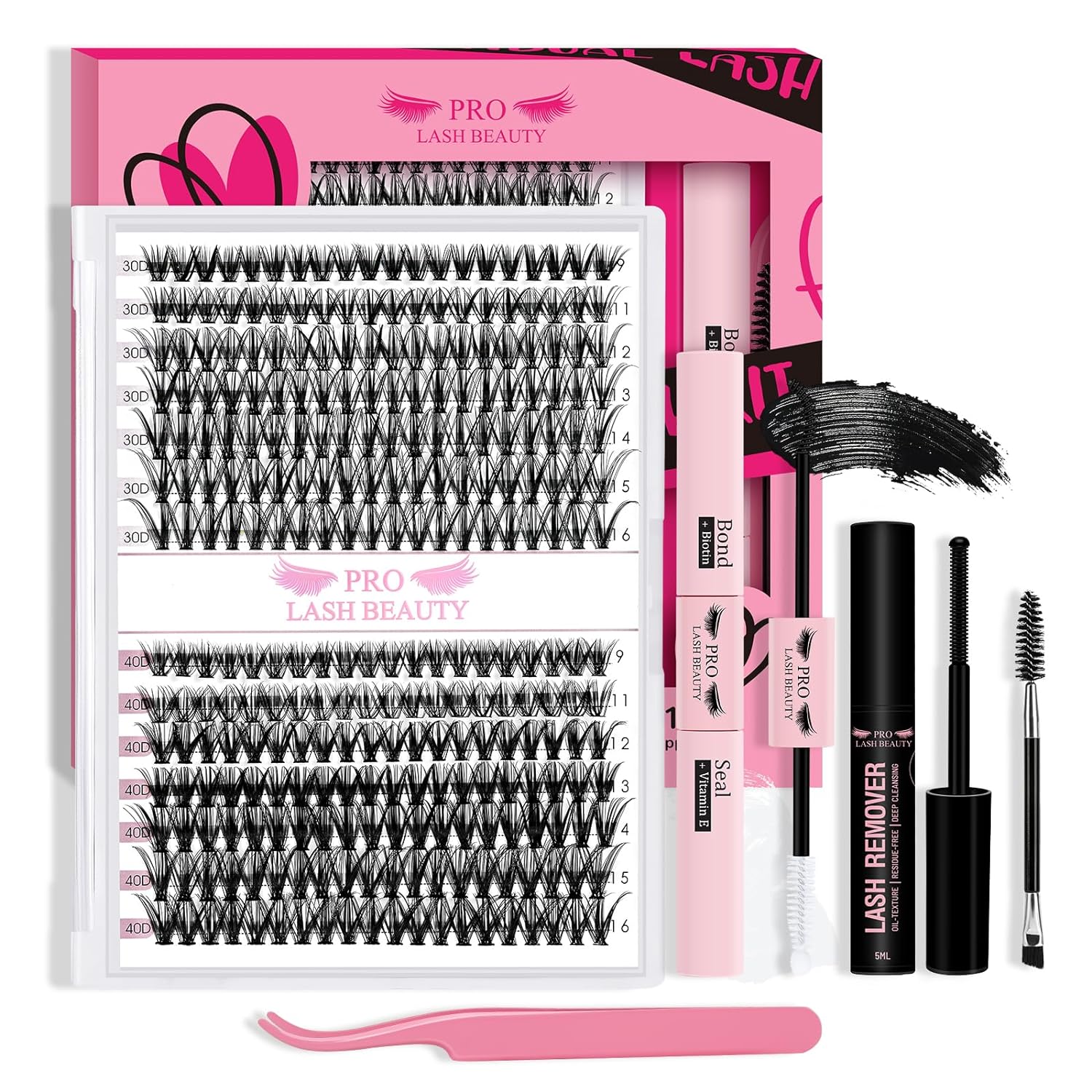  Lash Extension Kit 280Pcs Lash Clusters Eyelash Extension Kit with Lash Bond and Seal Lash Remover Lash Applicator Individual Lashes Kit Eyelash Brush Easy to Apply at Home(30D 40D-9-16mix Kit)