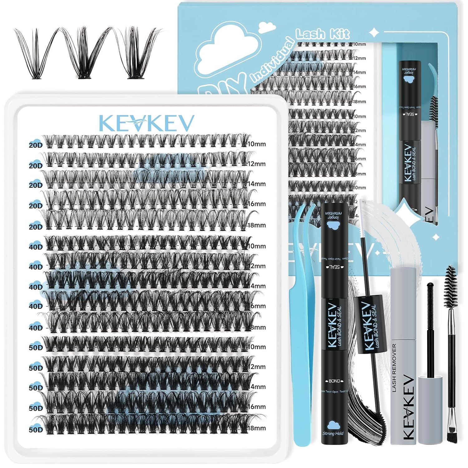 KevKev Lash Extension Kit 300Pcs Lash Clusters Kit DIY Eyelash Extension Kit with Lash Bond and Seal Eyelash Remover Lash Applicator Wispy Lashes Look Like Extensions Gift Kit(20D 40D 50D, D-10-18mix)