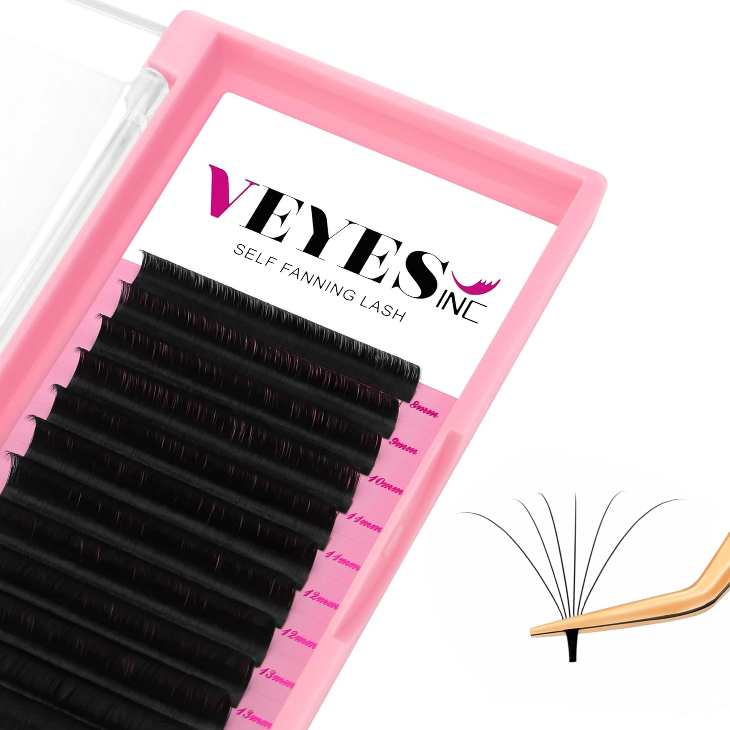 VEYES INC Easy Fan Volume Lash Extensions 03 05 07 J/B/L/C/CC/D/DD Curl 8-25mm Mixed & Single Length Tray, Matte Black Self Fanning Eyelashes, Professional Supplies for Lash Techs (0.05 D 8-16mm)