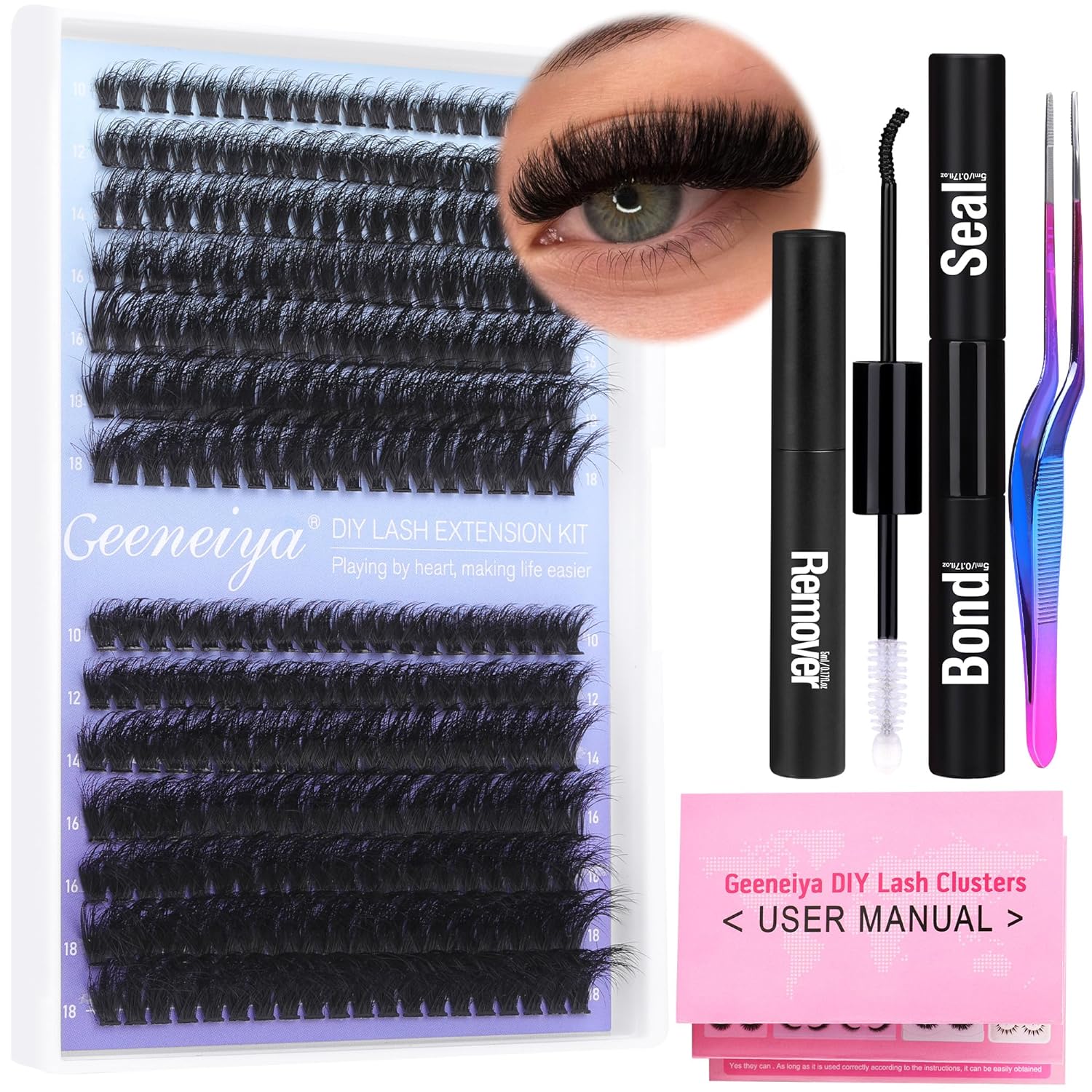 Geeneiya Fluffy Lash Extension Kit Cluster Eyelash Extension Kit Clusters Individual Lashes Kit with Lash Bond and Seal Glue, Lash Remover, Lash Applicator, User Manual for Beginners(60P 80P, 280Pcs)