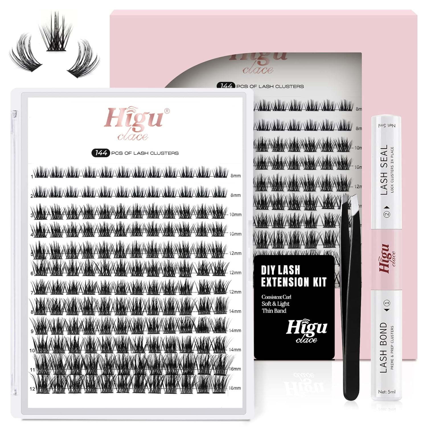 Higu DIY Eyelash Extension Kit, 144 Pcs Lash Clusters Thin Band Cluster Lashes with Super Hold Mascara Brush Bond and Seal Eyelash Glue and Lash Applicator Eyelash Cluster Extensions Set (R-08 Kit)