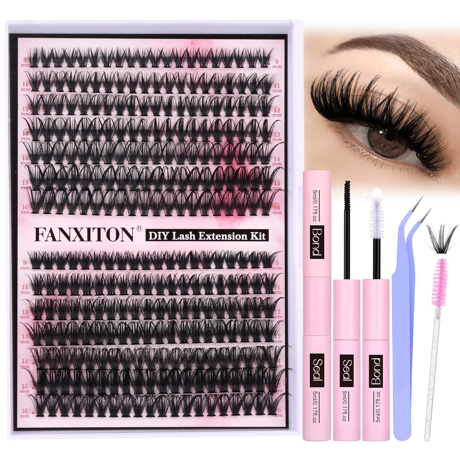 FANXITON DIY Lash Extension Kit Volume Lash Clusters 40D 50D D Curl 280pcs Individual Lashes Thick Eyelash Extension Kit Thin Band Cluster Lashes Lash Bond and Seal and Lash Tweezers